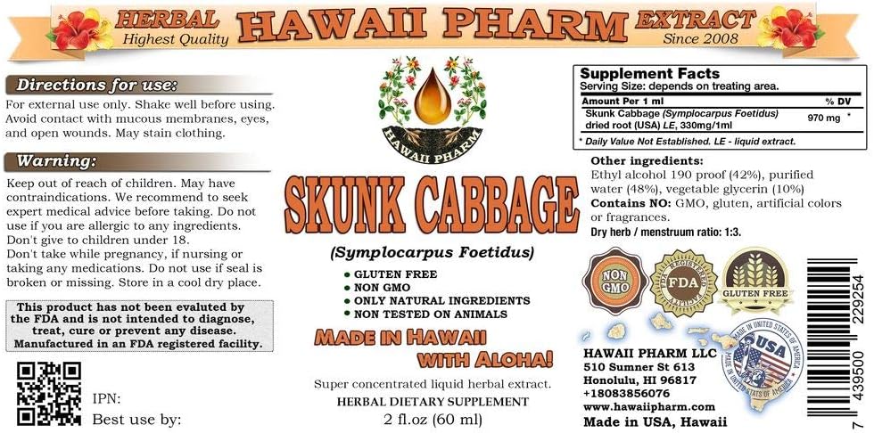 HawaiiPharm Extracto líquido de repollo Skunk, tintura de polvo de raíz de col Skunk (Symplocarpus Foetidus), suplemento herbario, fabricado en EE.