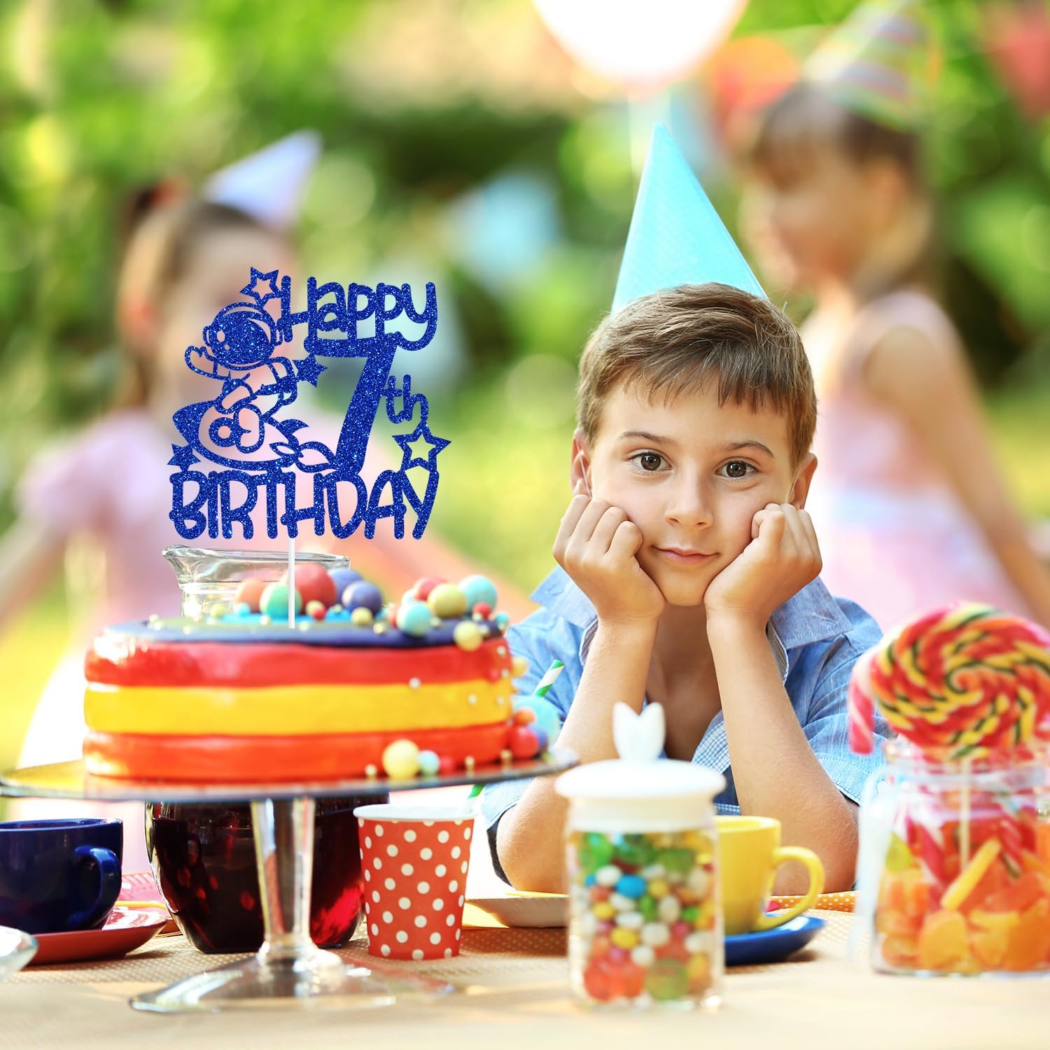 Space Happy 7th Birthday – Decoración para tartas de 7 años, decoración de fiesta de cumpleaños temática de astronautas para niños y niñas