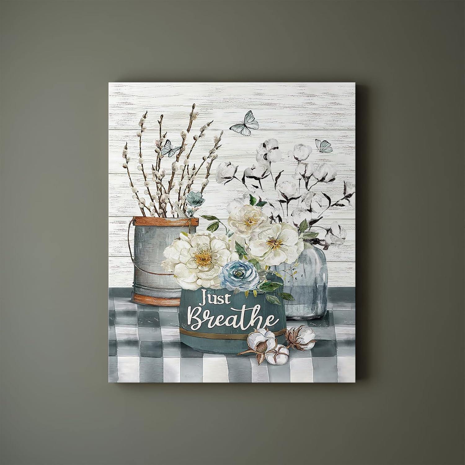 Luslya Arte de pared rústico de algodón blanco con diseño de flores de algodón con texto en inglés “Just Breathe”, pintura de baño, pósteres