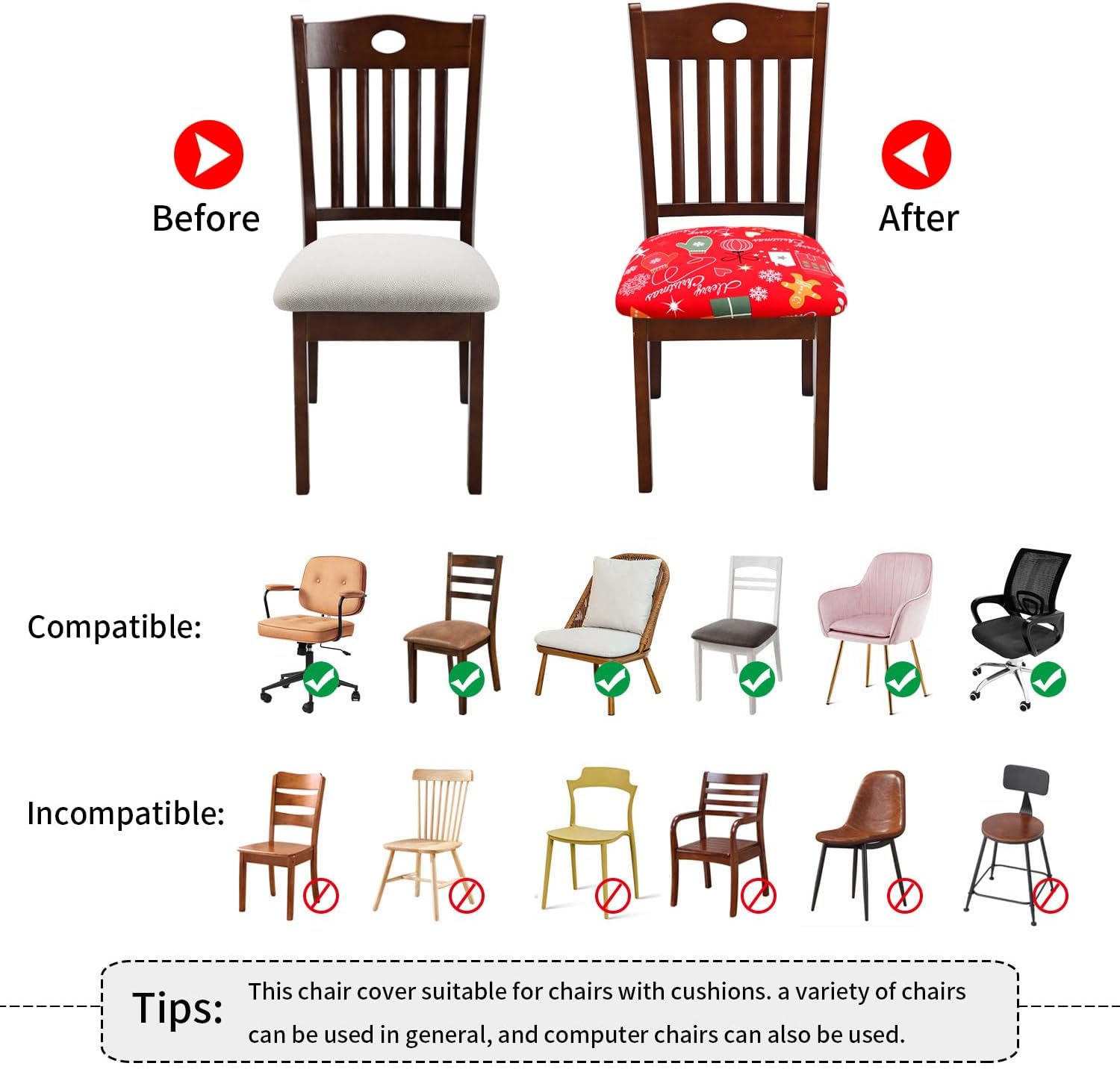 Juego de 4 fundas de asiento navideñas para sillas de comedor, elásticas, extraíbles y lavables, fundas de asiento para sillas de cocina,