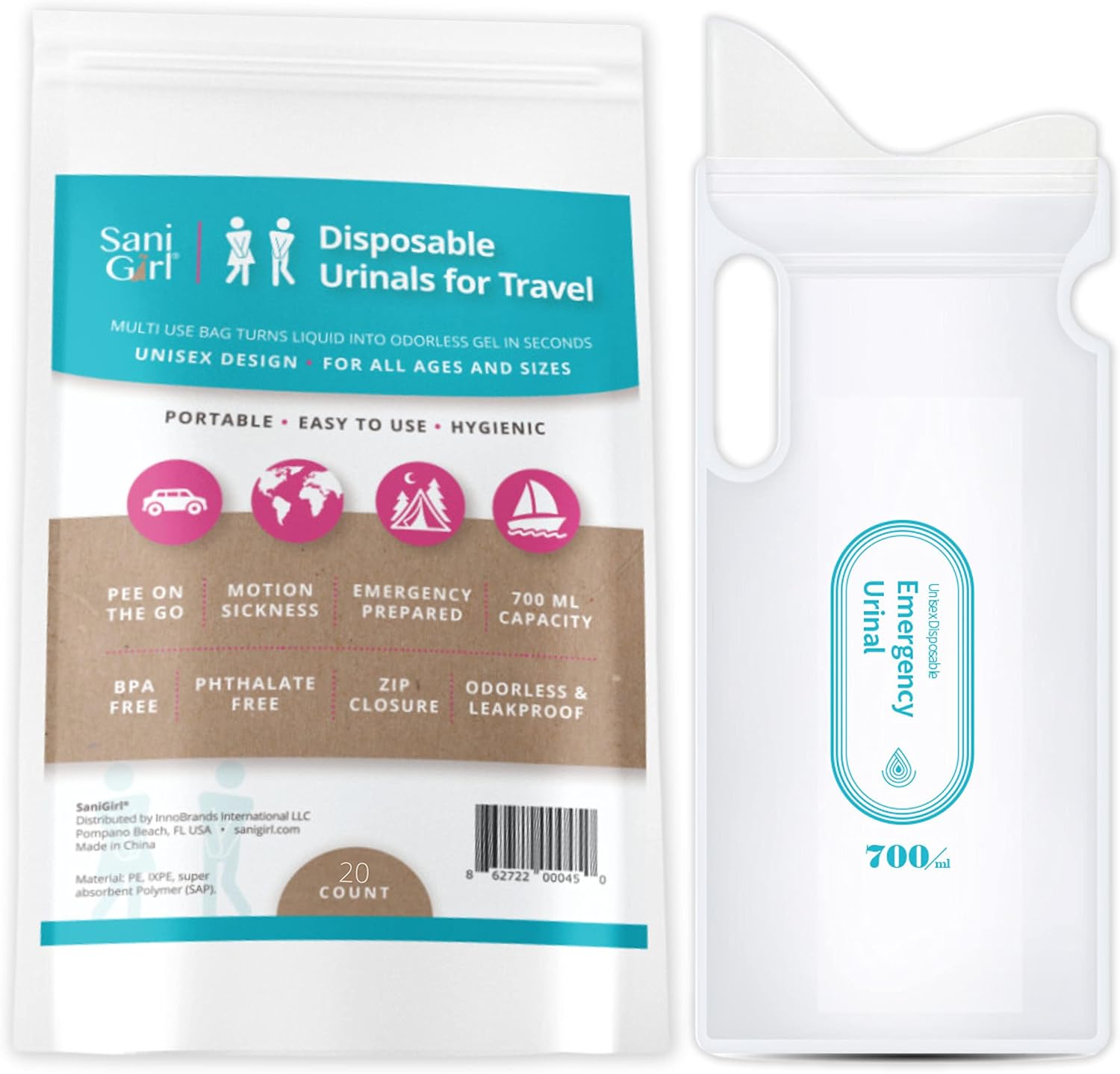 SaniGirl Urinario femenino  Bolsas desechables para orinar para viajes para mujeres, hombres, niños, urinario de emergencia, sanitario, viajes,