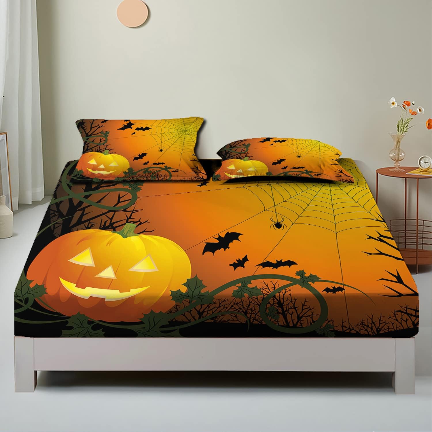 Juego de sábanas bajeras con diseño de hojas de calabaza, diseño de Halloween, decoración de ropa de cama de 3 piezas, bolsillo profundo, calidez