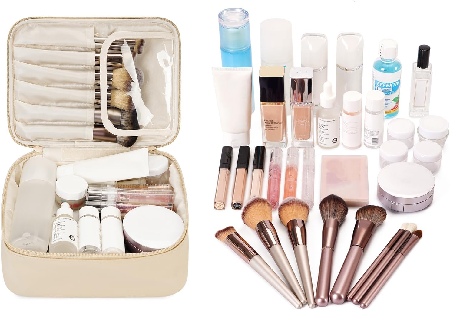 Narwey Bolsa de maquillaje de viaje grande de cuero vegano bolsa de cosméticos organizador de maquillaje para mujeres, Marrón, Bolsa de cosméticos