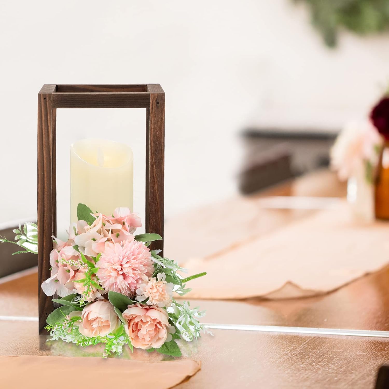 Farol de madera con vela LED, farol de boda, centros de mesa, decoración rústica de mesa de boda, decoración de casa de campo con velas sin llama