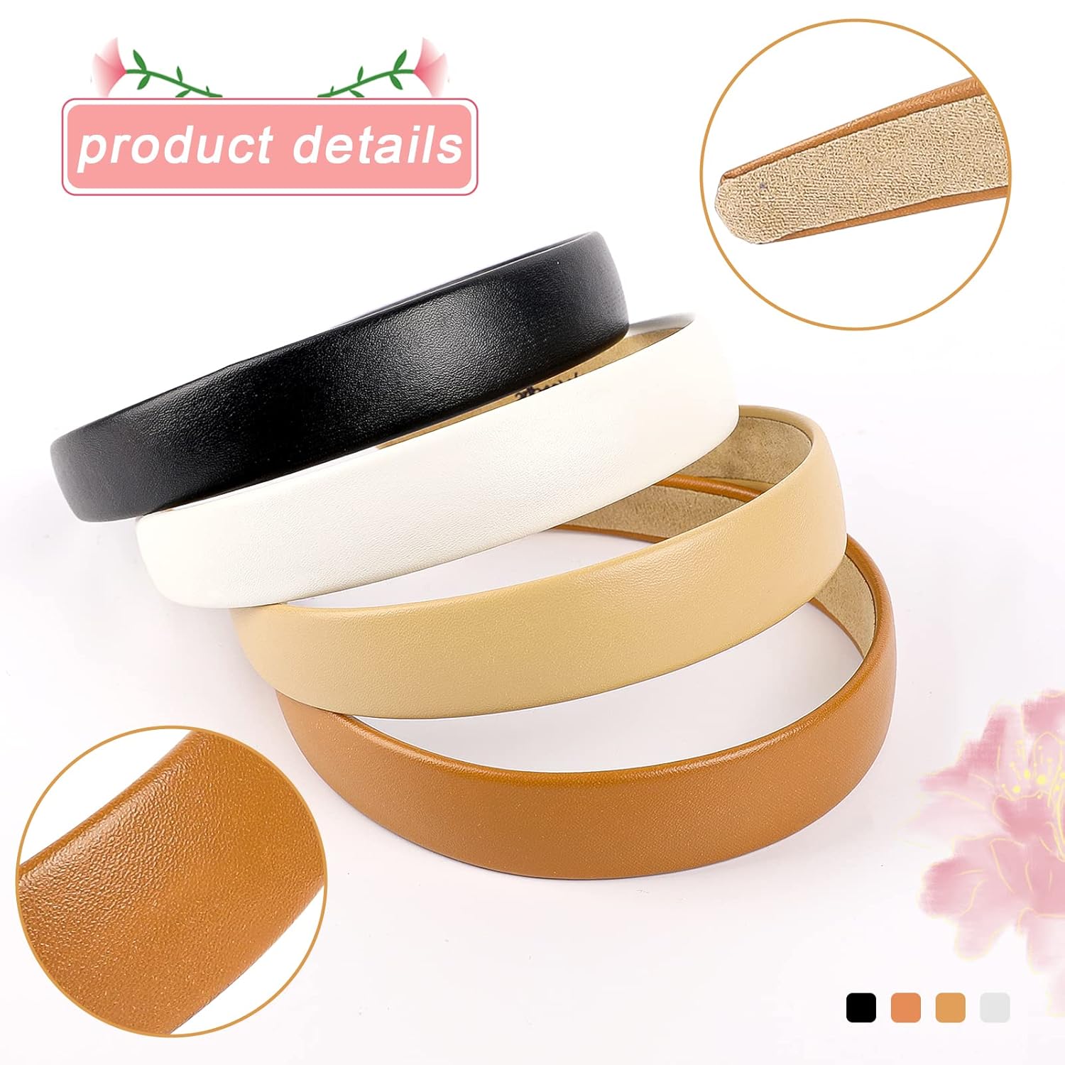 Vin Beauty Paquete de 4 diademas de cuero sólido para mujer, diadema antideslizante de 1 pulgada de ancho, elegantes y suaves, de poliuretano,