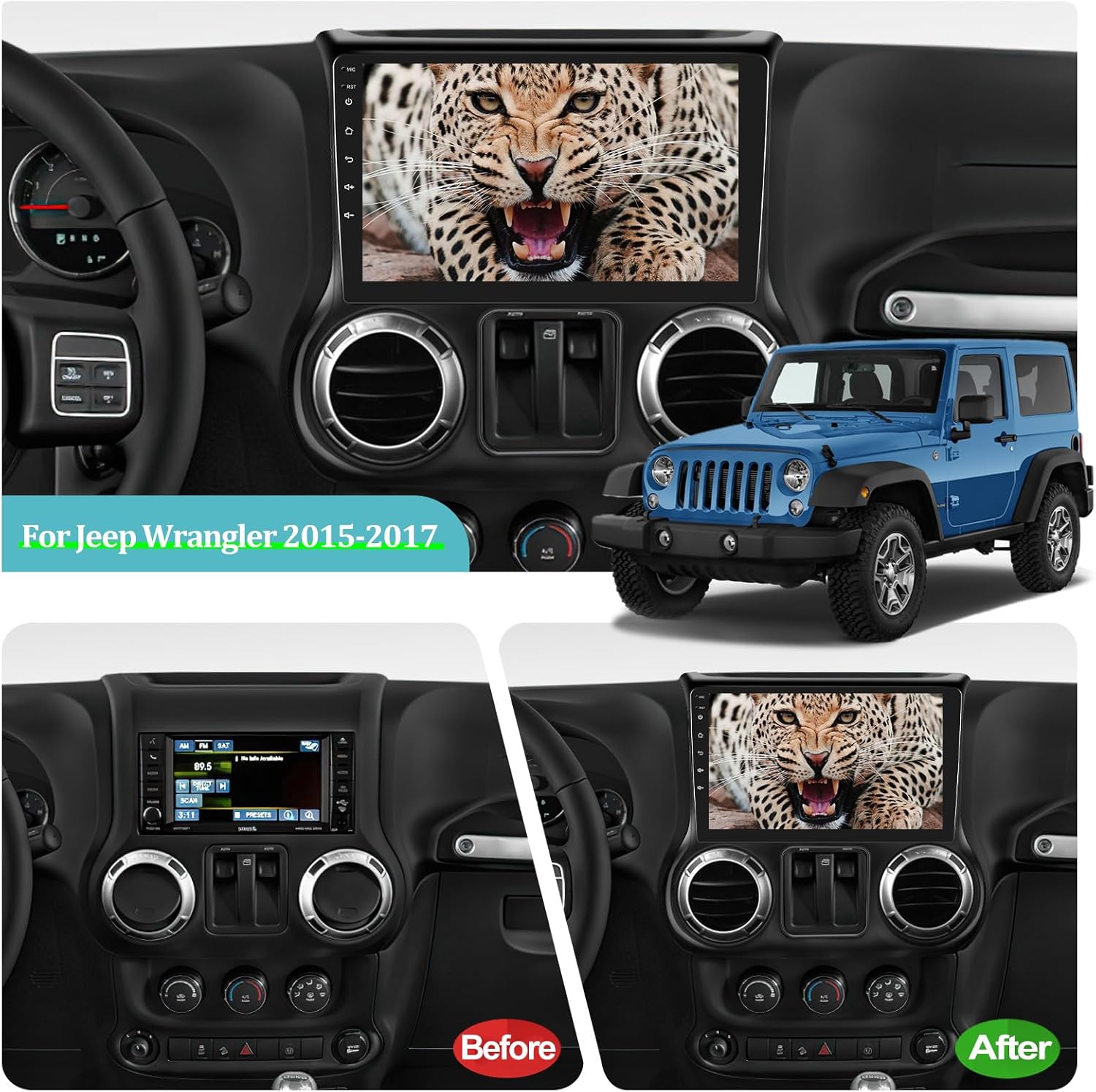 Radio inalámbrica Apple Carplay Android para automóvil para Jeep Wrangler 2015-2017, 2+32G 10.1 pulgadas pantalla táctil con Android AutoDSPGPSWiFi