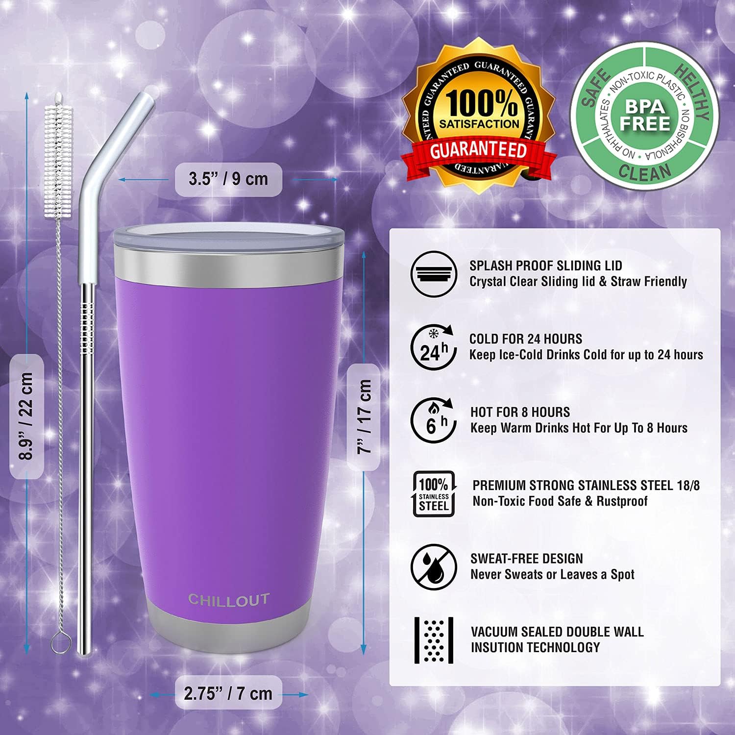 CHILLOUT LIFE Vaso de acero inoxidable de 20 onzas con tapa, taza de café aislada al vacío de doble pared con tapa a prueba de salpicaduras y popote
