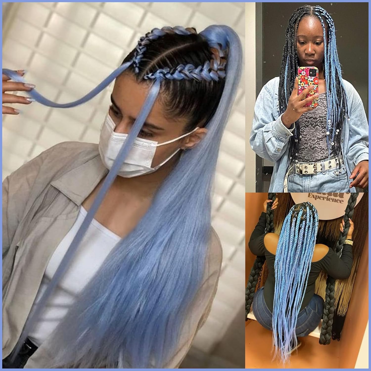 Cabello trenzado de color azul bebé preestirado de 26 pulgadas, extensiones de cabello trenzado Kanekalon, 3 paquetes de trenzas de pelo de fibra