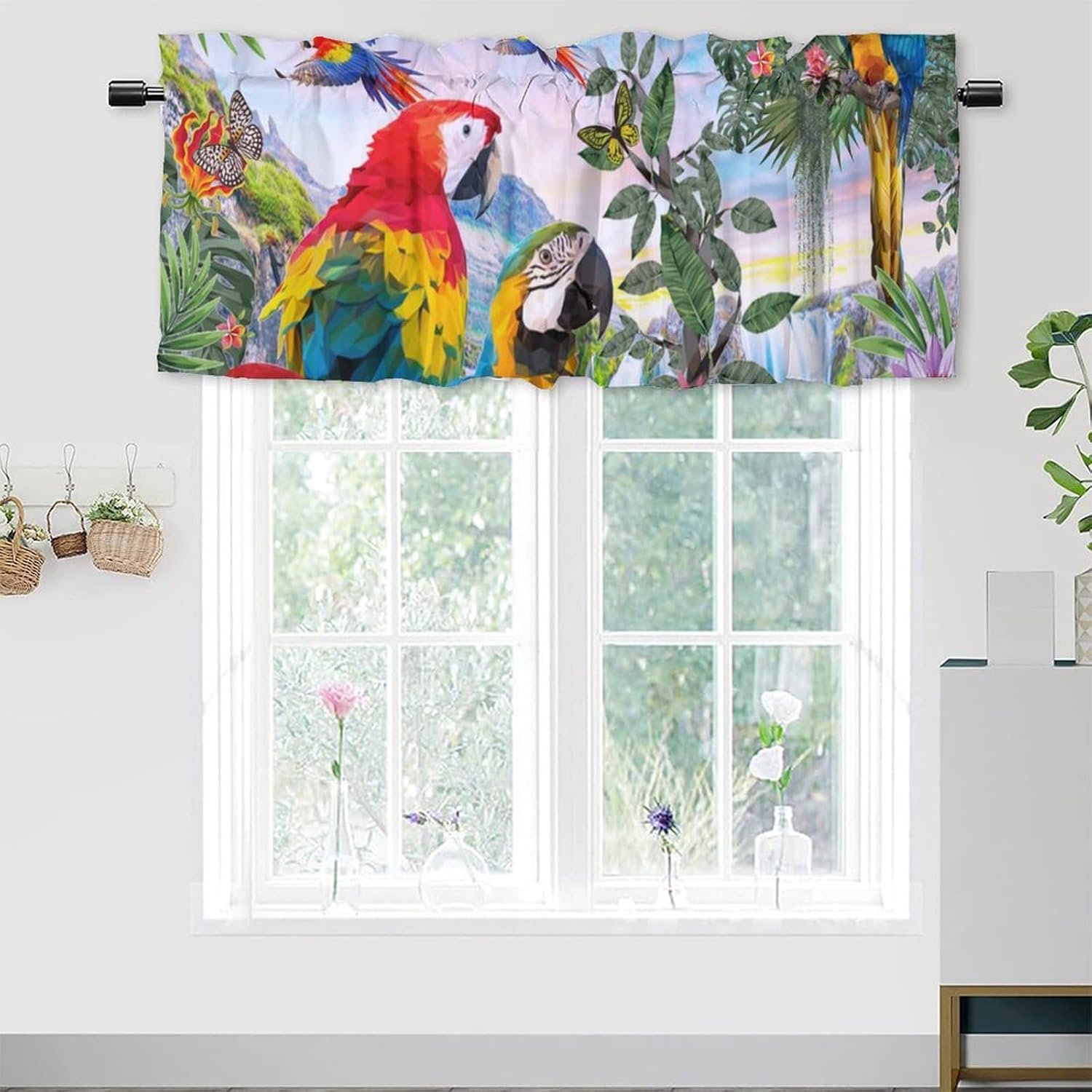 Cenefas de tratamiento de ventana de loro de la selva tropical, cenefa de cortina con bolsillo para barra de cortina de acuarela para verano, playa,
