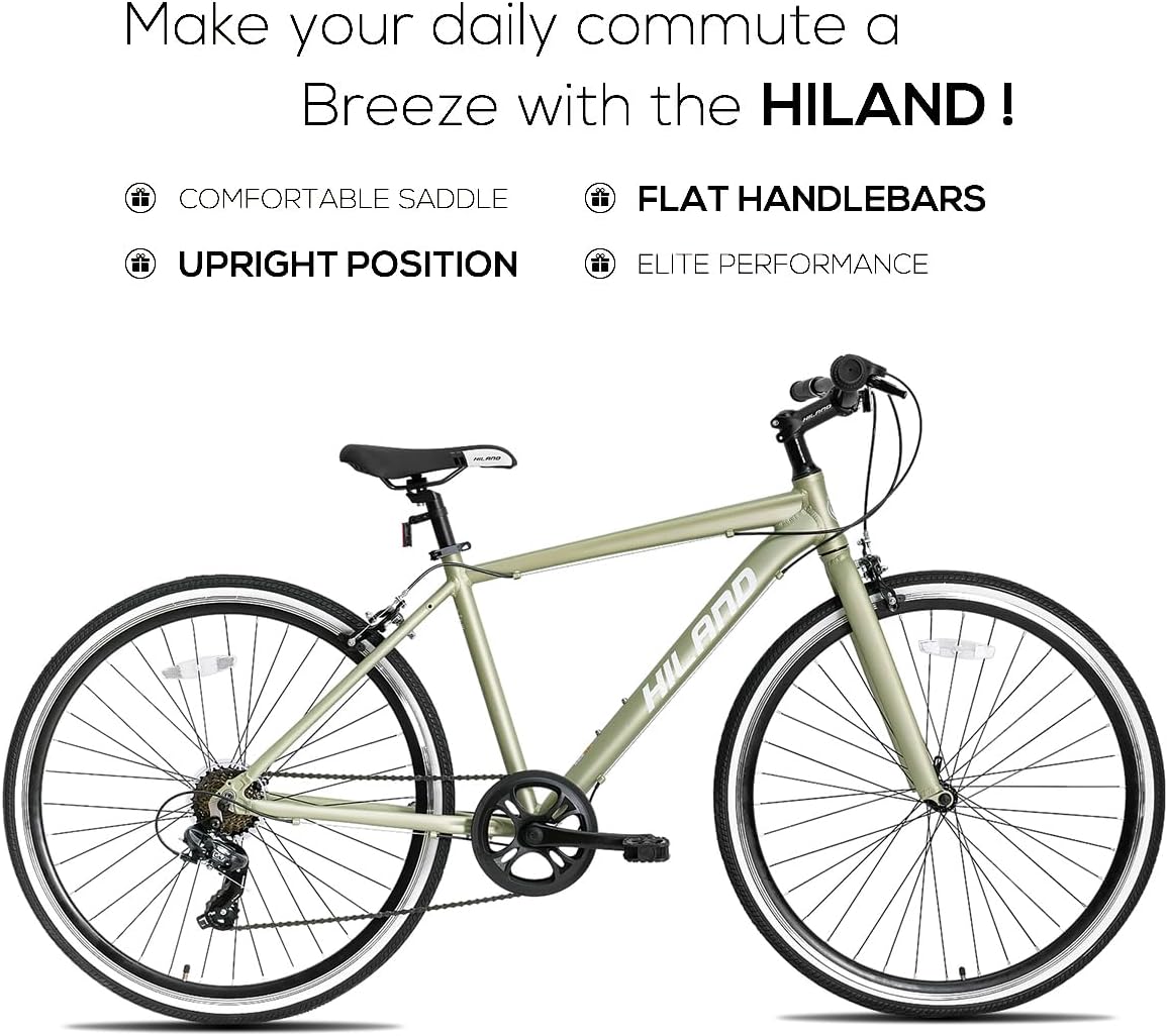Hiland – Bicicleta híbrida para hombre y mujer, marco de paso o paso a través, ruedas 700C, bicicleta urbana Shimano Drivetrain de 7 velocidades
