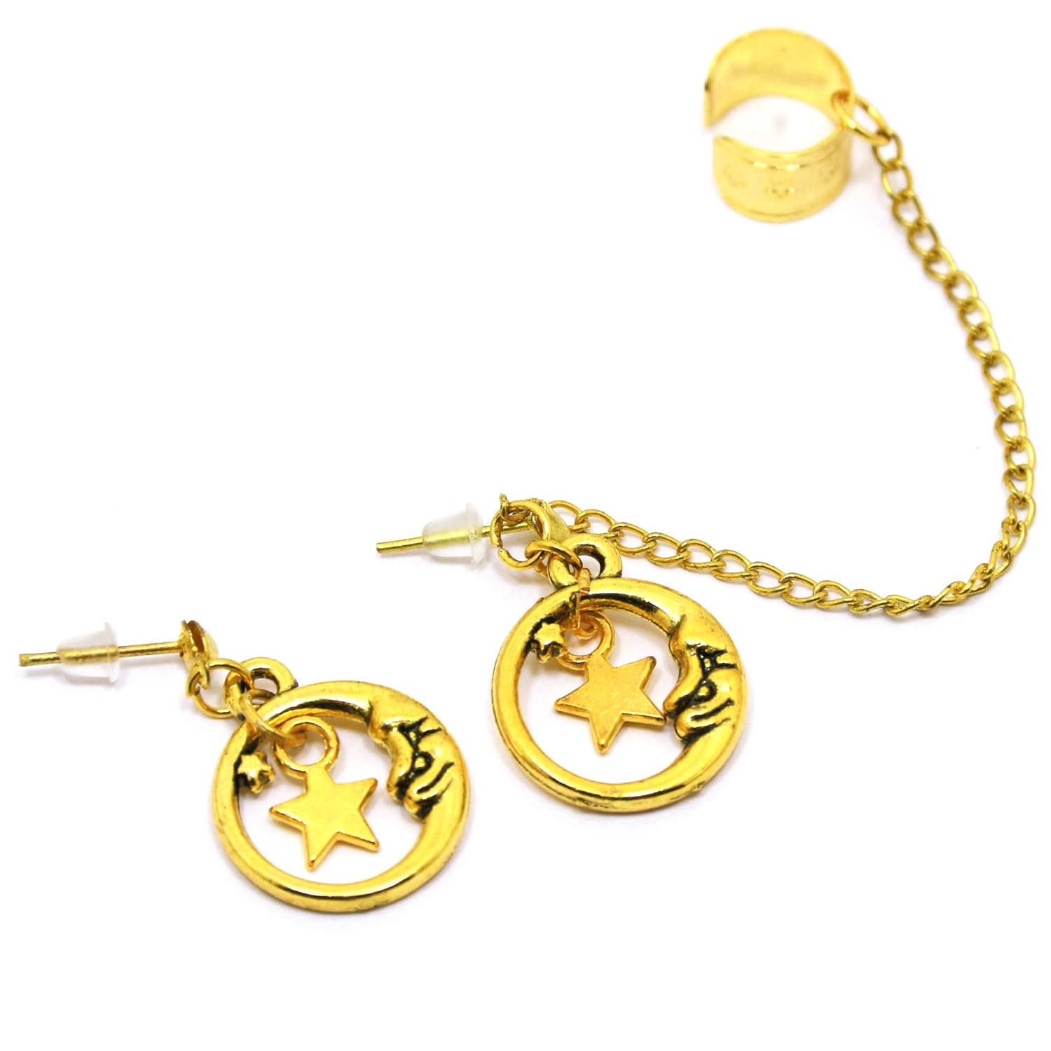 Gold moon ear cuff Handmade celestial stars earrings fake cartilage cuffs half moon dangling ear wrap crescent boho Valentines jewellery gift