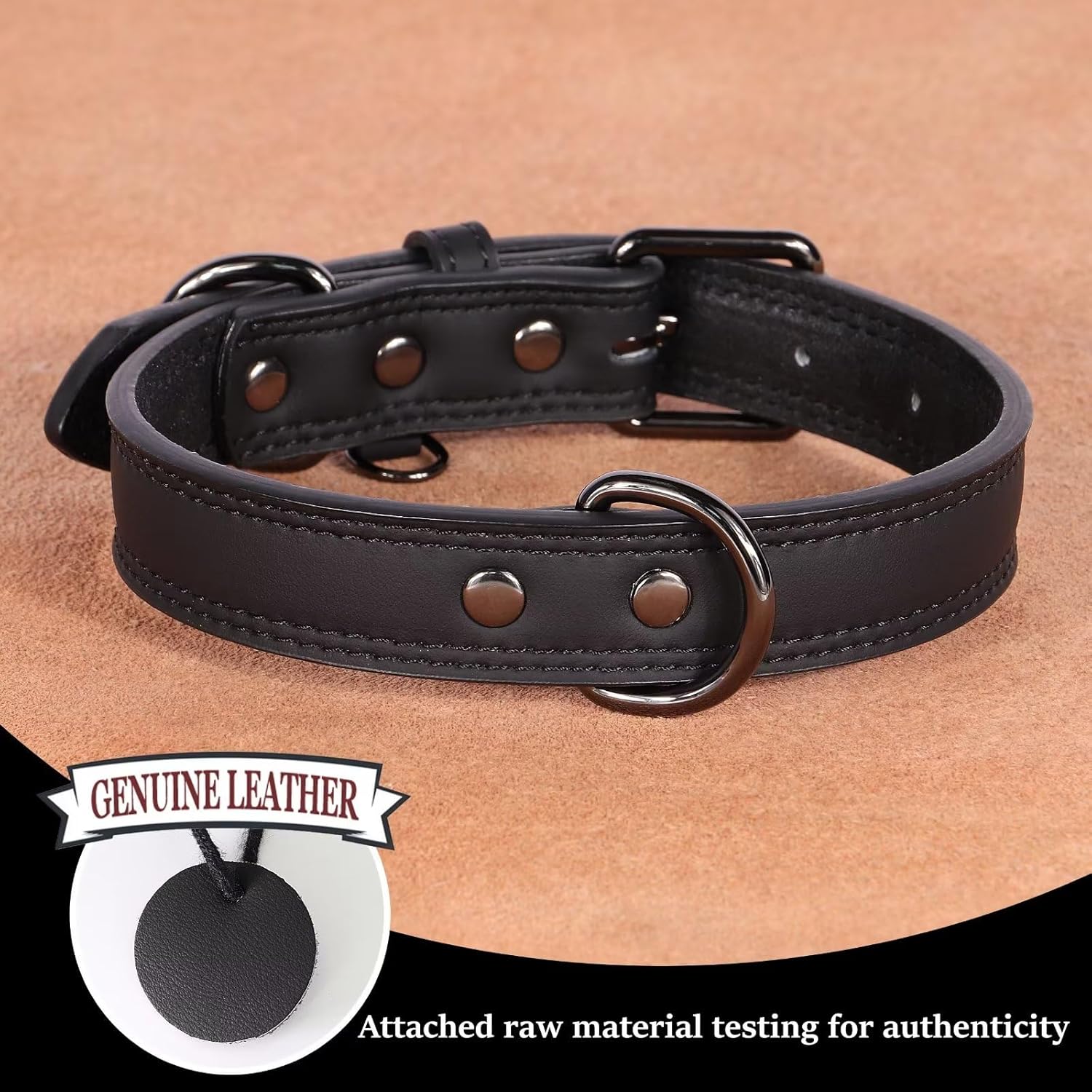 Didog Collar de perro de cuero genuino, duradero y suave, resistente con anillos dobles en D, collar de perro negro ajustable con hebilla de metal