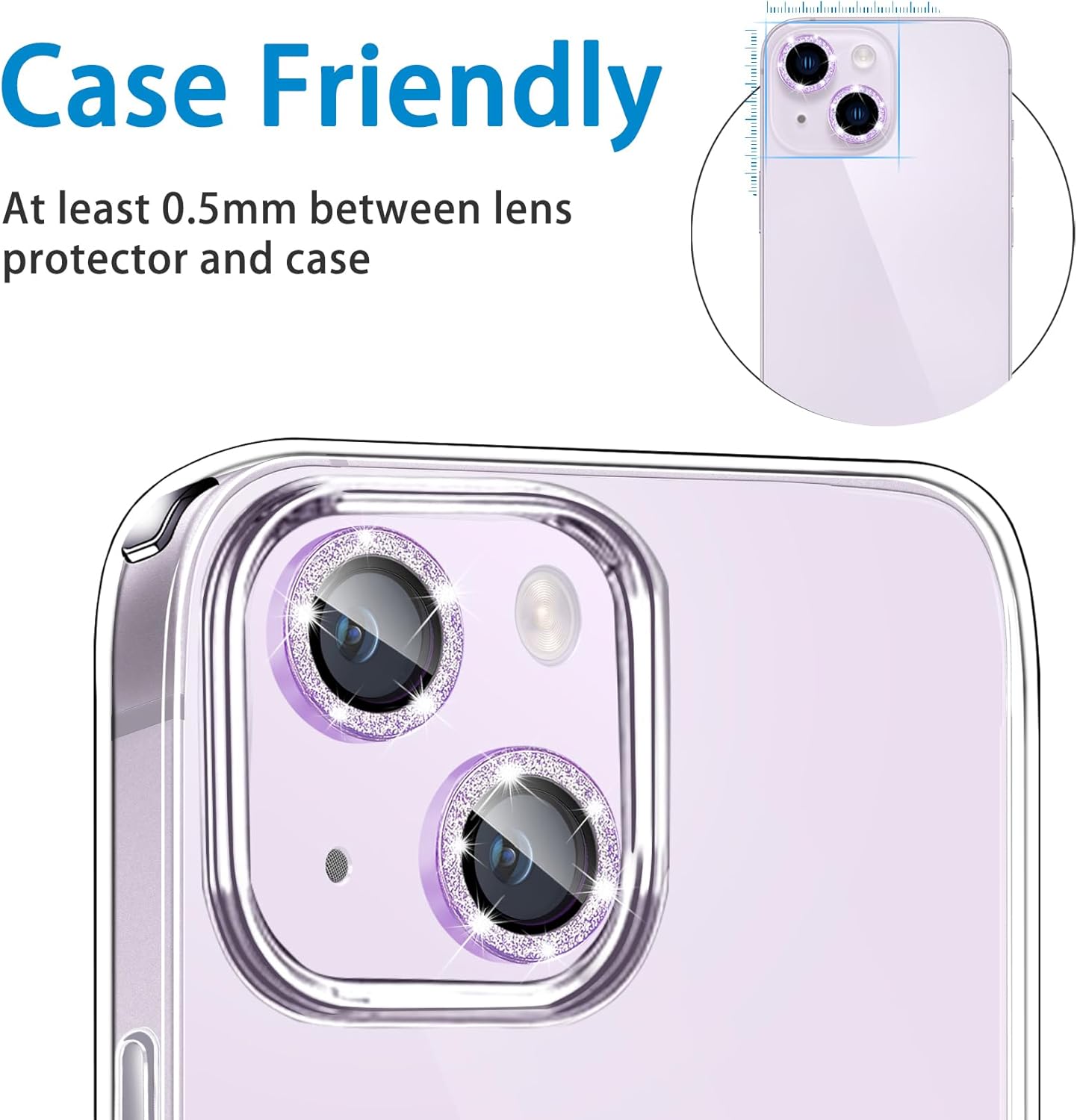 Protector de lente de cámara compatible con iPhone 14 y 14 Plus, cubierta de lente de diamante brillante con purpurina 9H, cubierta de cámara de