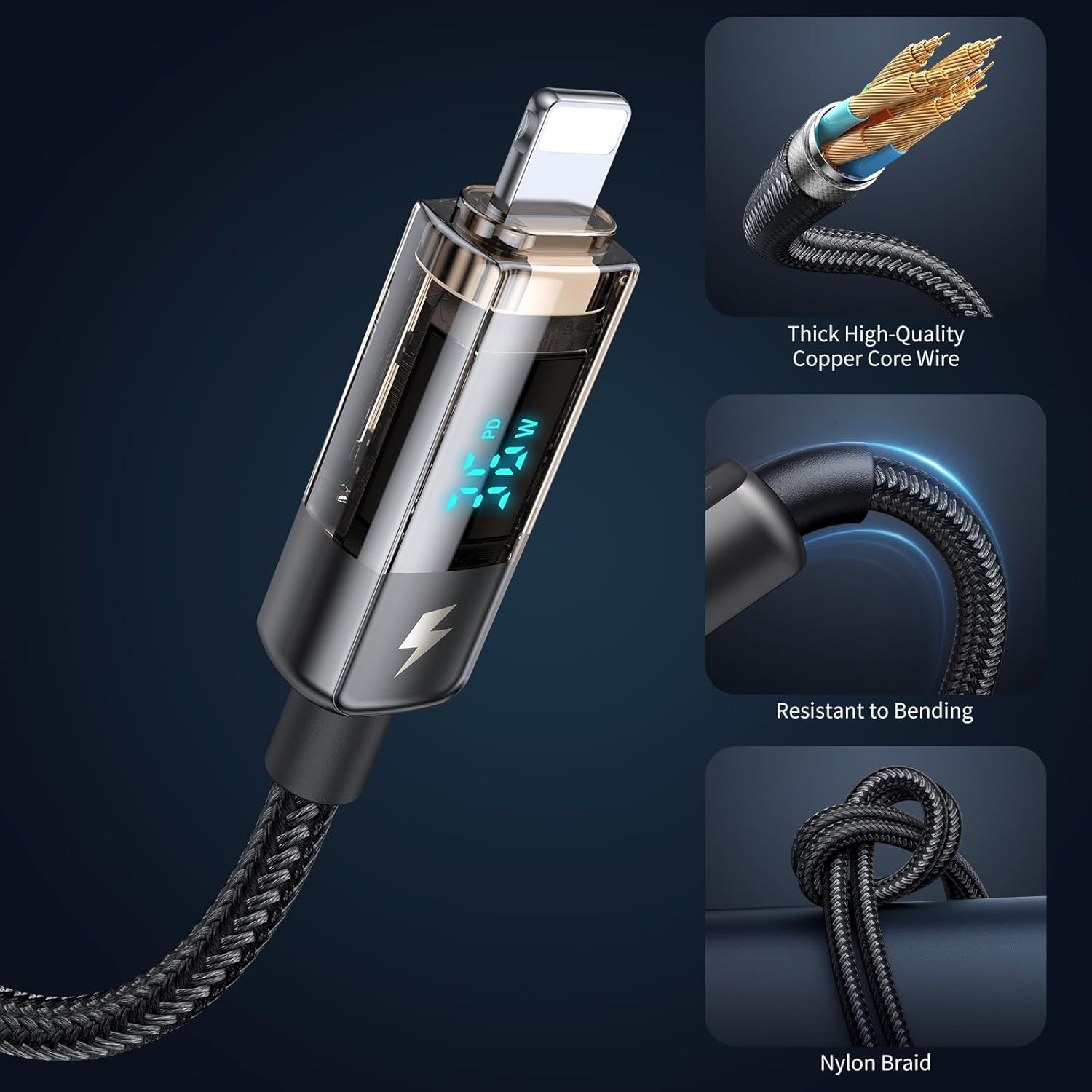mcdodo Cable USB C a iluminación, cable de datos transparente, cargador PD, pantalla digital, apagado automático, protección de doble núcleo de 36 W