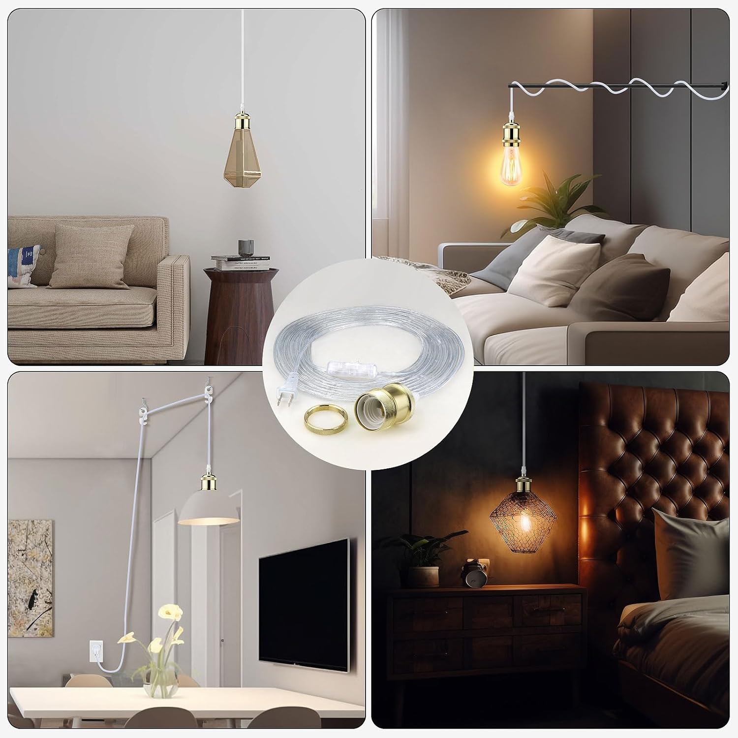 Cable de luz colgante para enchufar, kit de iluminación colgante dorado, kit de cable de luz colgante transparente de 13 pies con interruptor de