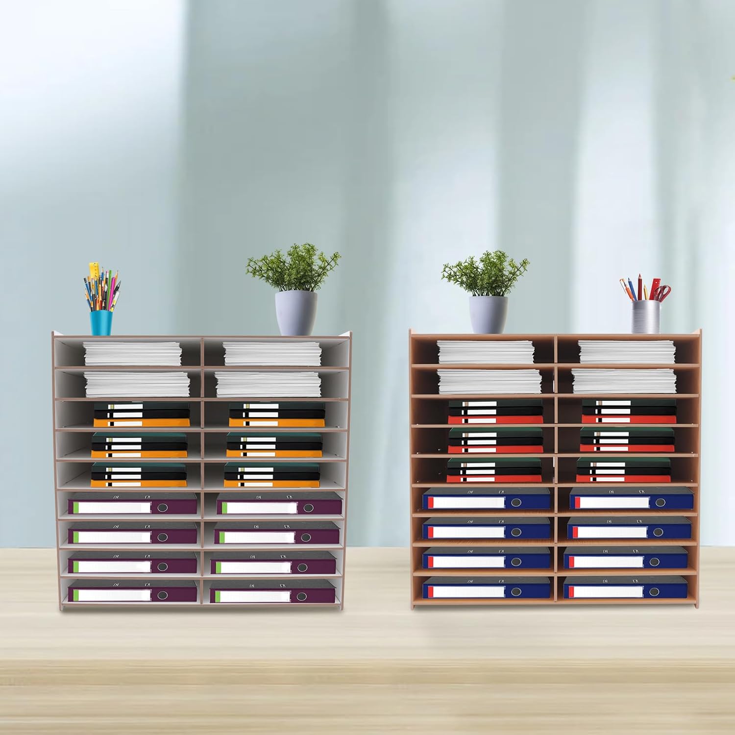 Clasificador de bandeja de correo de escritorio de papel de madera, gabinete de almacenamiento clasificador de literatura, 9 capas y 18