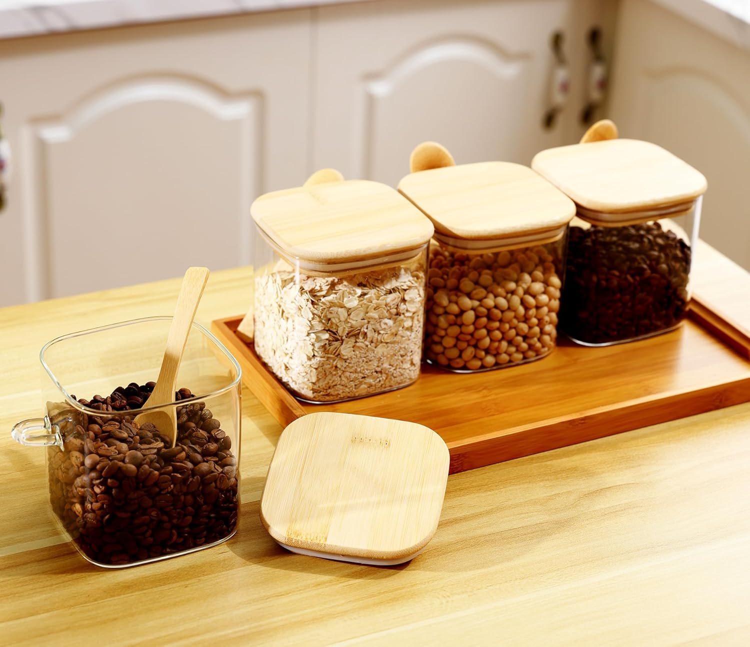 Recipiente de almacenamiento de vidrio con tapas y cucharas de bambú, recipientes para alimentos Storgae con tapas, tarros transparentes de