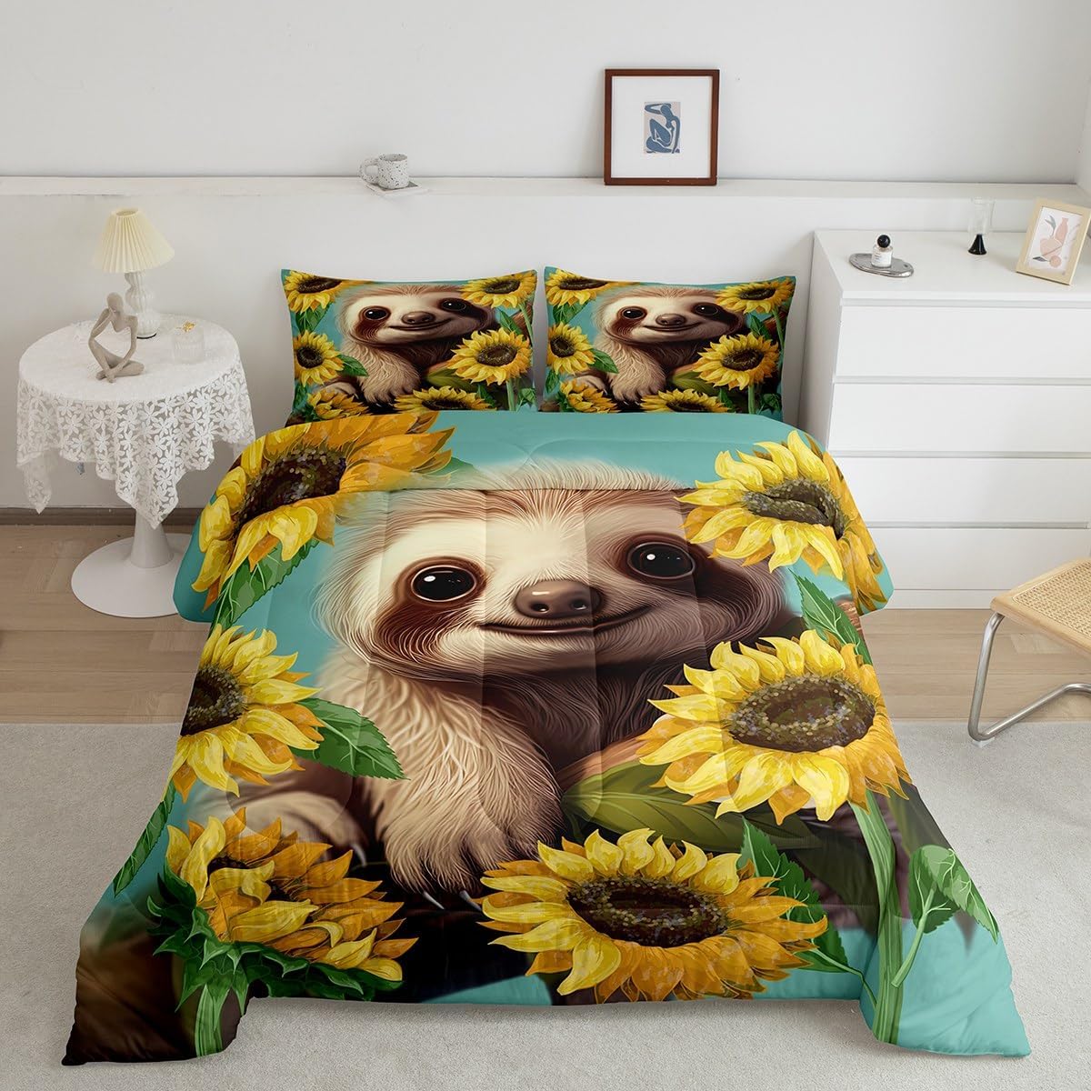 Lindo juego de edredón de perezoso, tamaño Queen, juego de ropa de cama con flores amarillas y girasoles para niñas, adolescentes, decoración de