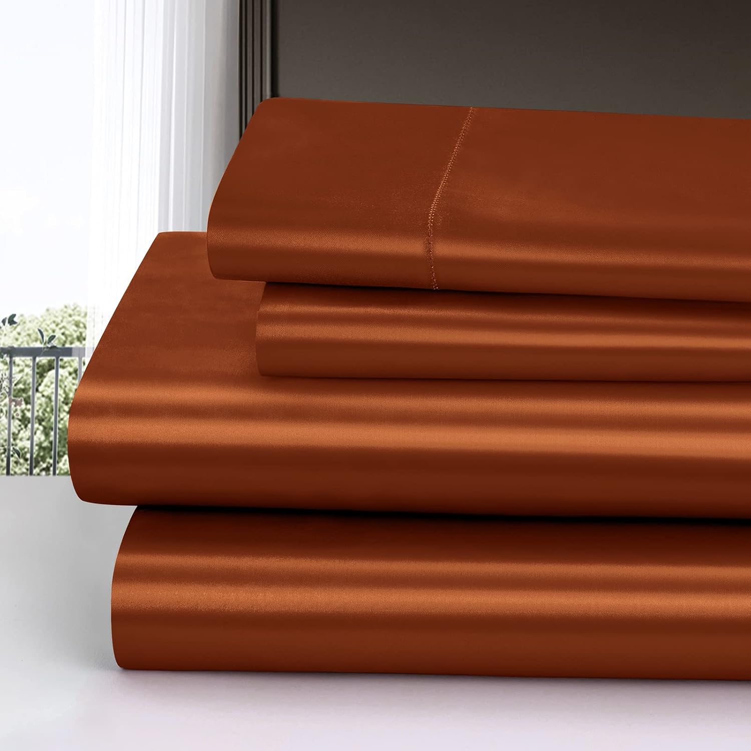 Homiest Juego de sábanas de satén de lujo de 4 piezas con bolsillo profundo, 1 sábana bajera + 1 sábana encimera + 2 fundas de almohada (tamaño
