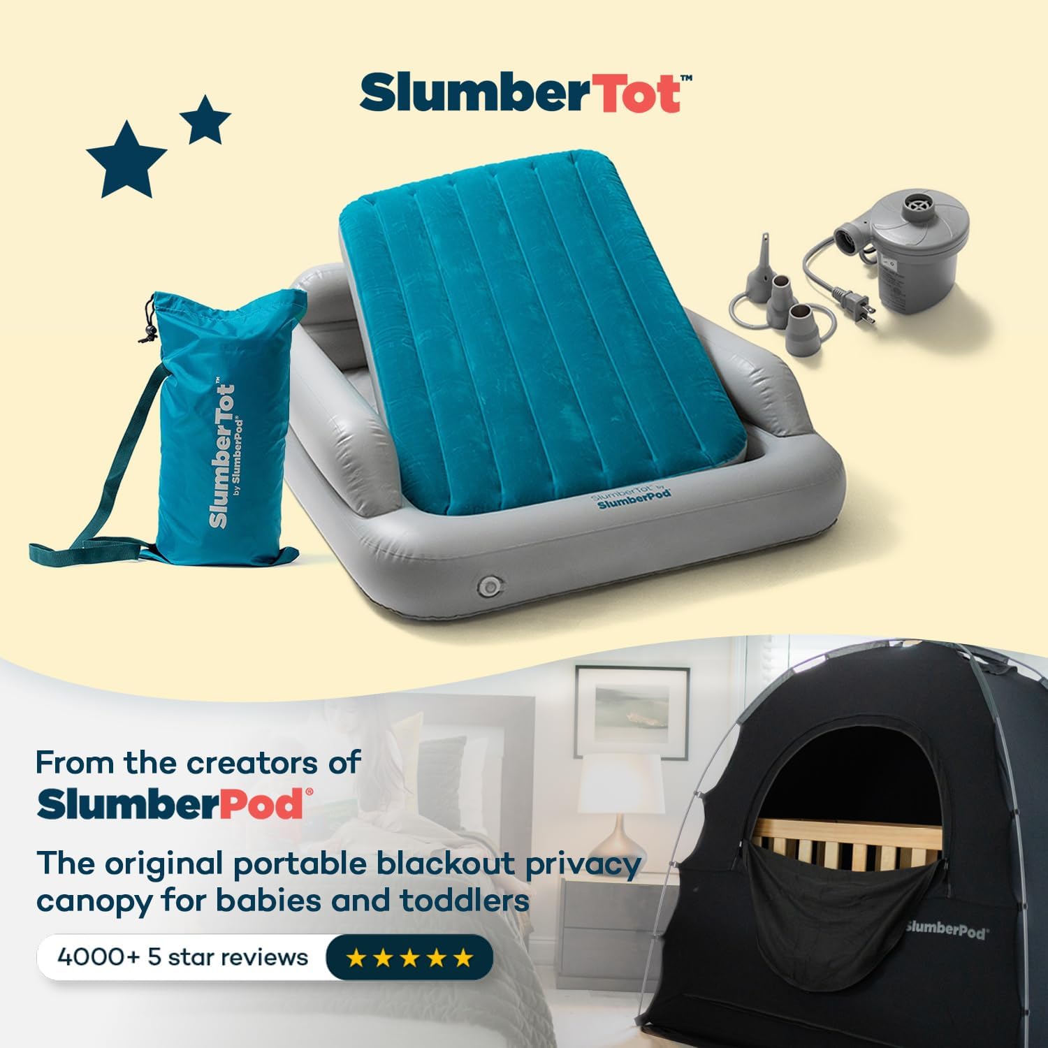 SlumberPod SlumberTot – Cama inflable de viaje para niños pequeños, colchón de aire portátil para niños con parachoques de seguridad, tamaño