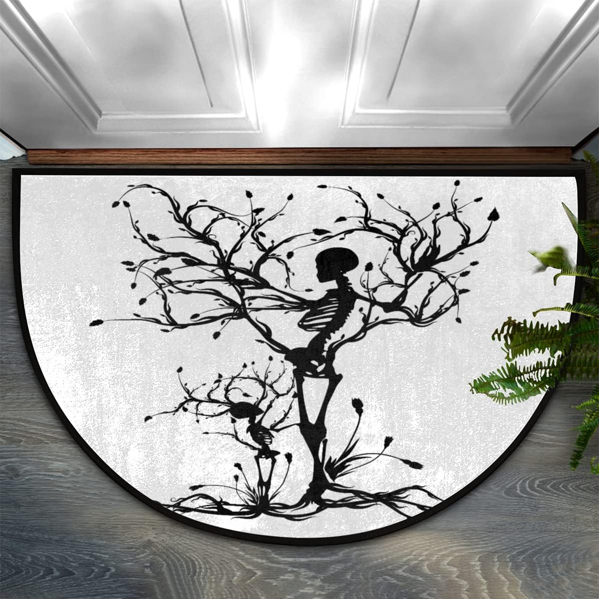 FZDXZJJ Tapete medio redondo con diseño de esqueleto, diseño de calavera y árbol, tapete de bienvenida de Halloween negro para puerta delantera,
