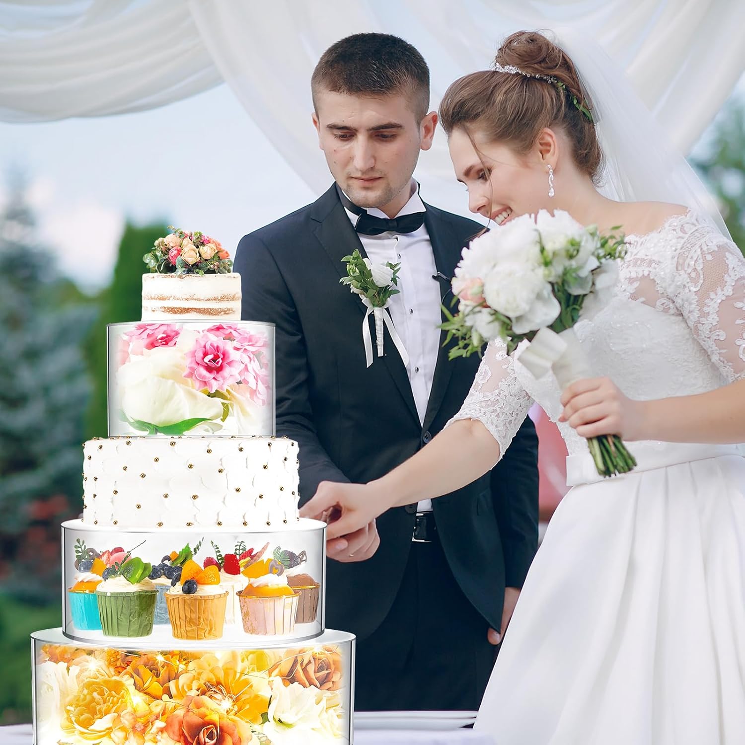Sintuff 3 piezas de soporte acrílico para pasteles con luces LED, transparente rellenable, caja cilíndrica redonda de 3 niveles para Navidad, boda,