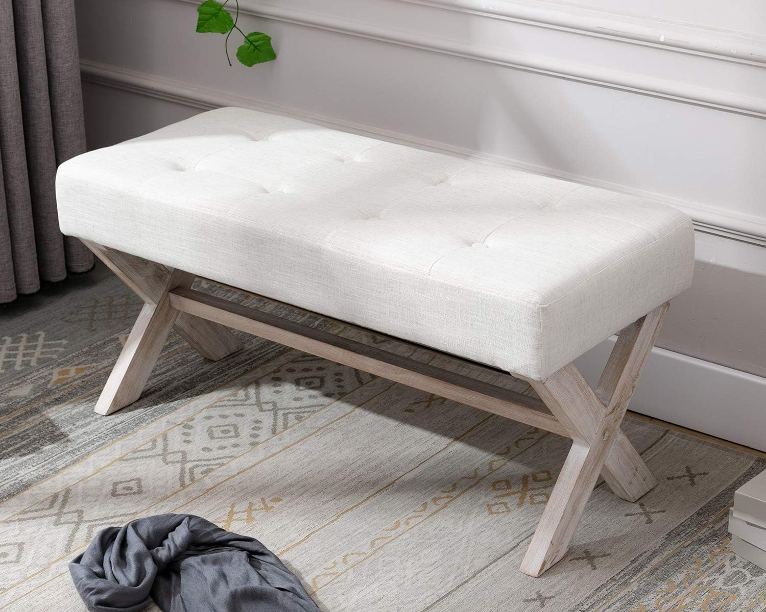 chairus Asiento de banco de entrada tapizado de tela, asiento de banco de dormitorio de 36 pulgadas con patas de madera en forma de X para sala de