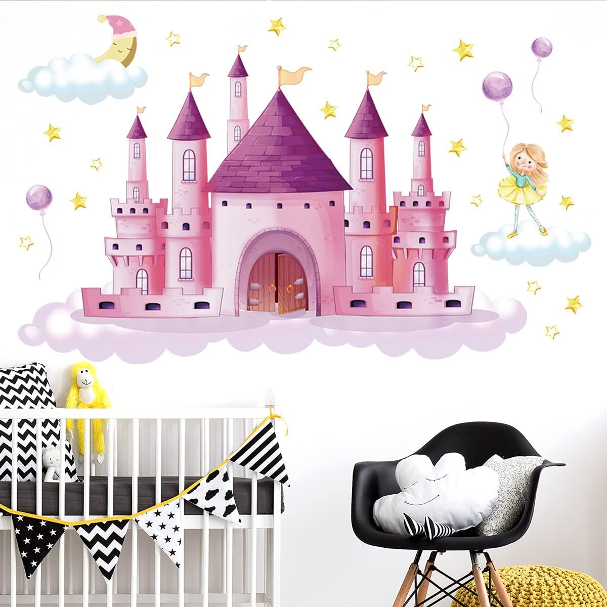 Rainbow Cloud Fairy Tale Princess Castle Wall Stickers for Kids Room Home Decor Girls Princess Bedroom Art Decorative Stickers (CB0002)