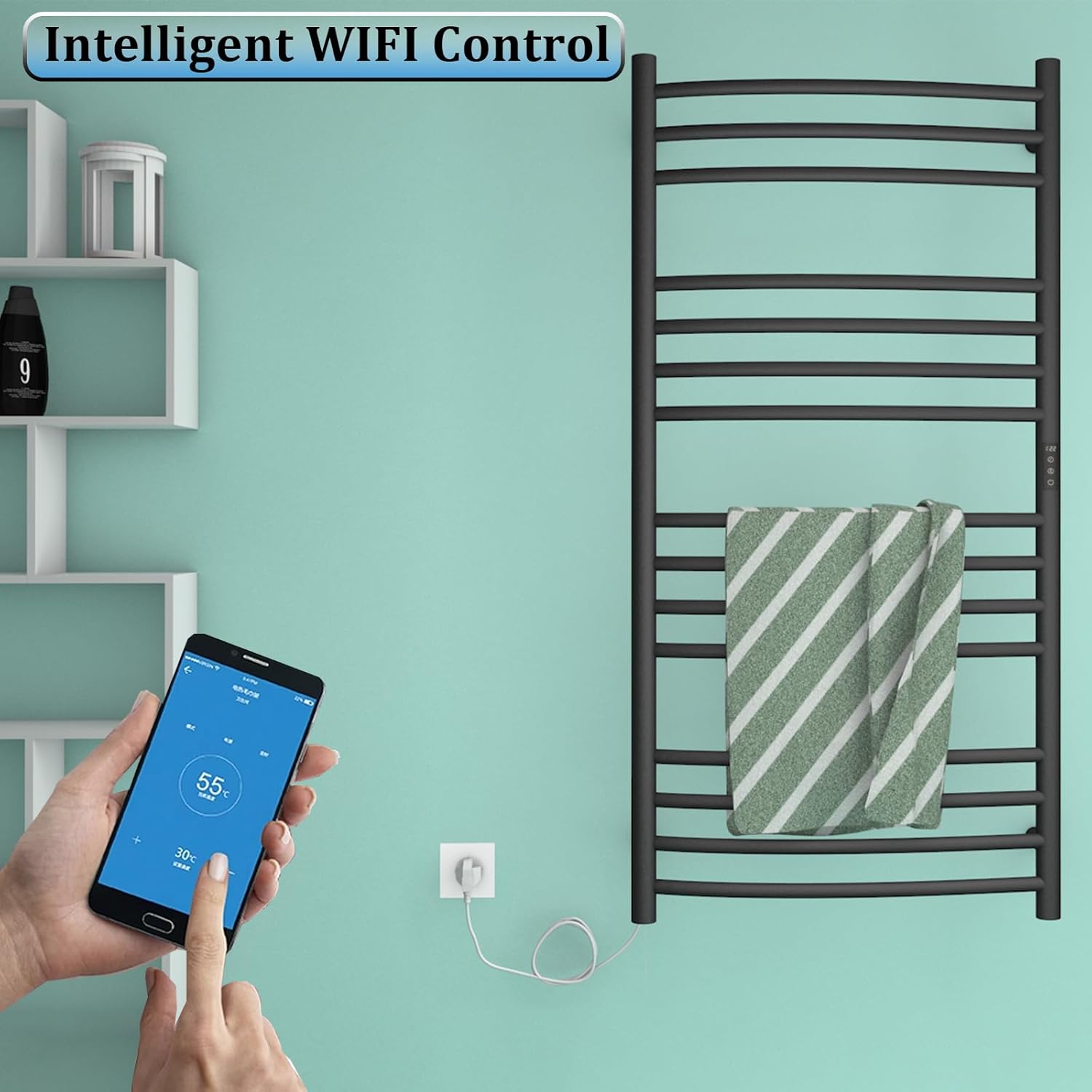 ESOP Calentador de toallas inteligente WiFi con temporizador, 185 W, 15 barras curvas, toallero calentado, calentador de toallas calentado