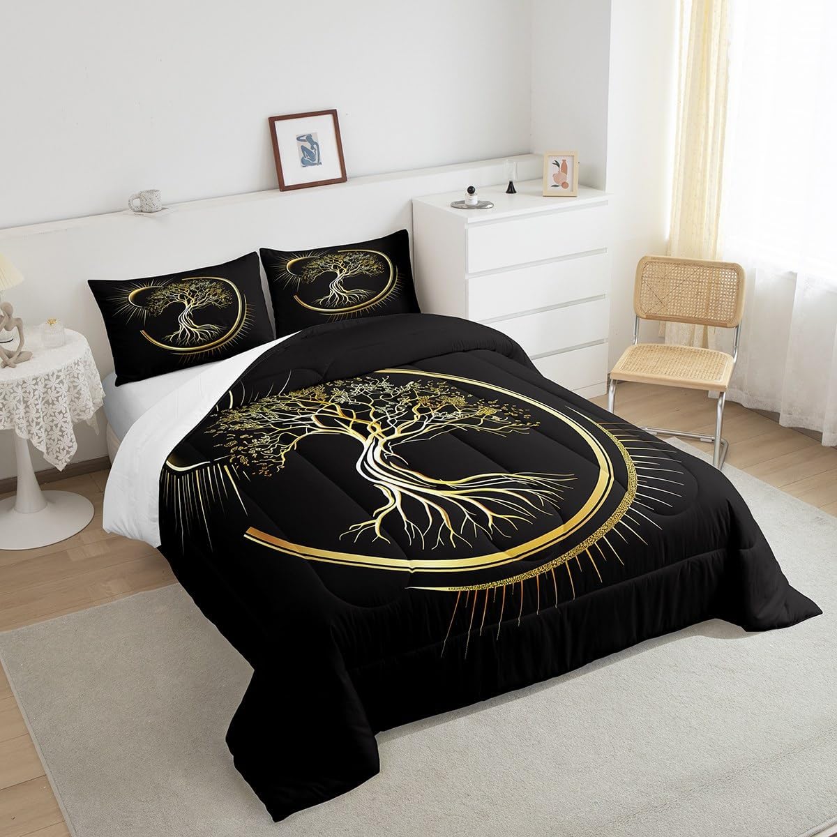 Castle Fairy Juego de edredón de sol y luna, tamaño Queen, juego de ropa de cama de 3 piezas para niños, adolescentes y niños, decoración de