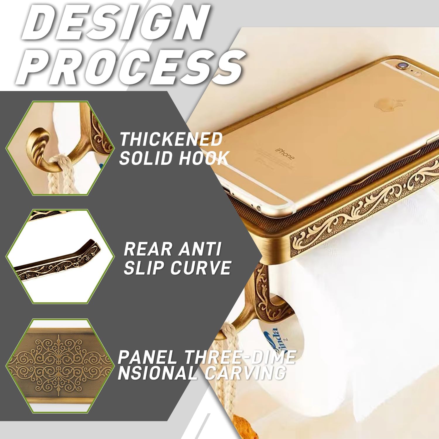 Soporte de pared para papel higiénico, soporte de papel higiénico retro con estante para teléfono, soporte de rollo de papel de aluminio con gancho