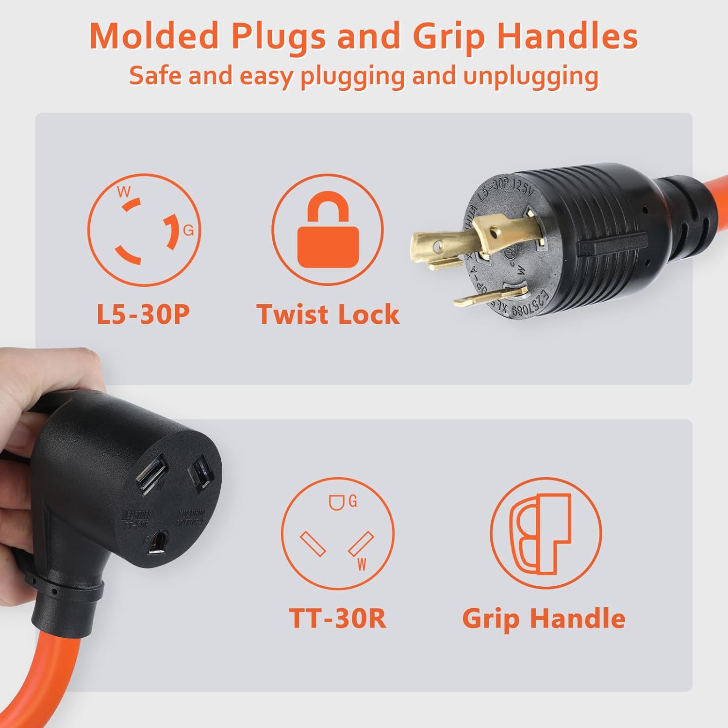 Adaptador de generador RV de 30 amperios, 14 pulgadas, 3 clavijas, L5-30P, bloqueo giratorio, enchufe macho a hembra TT-30R, cable adaptador de
