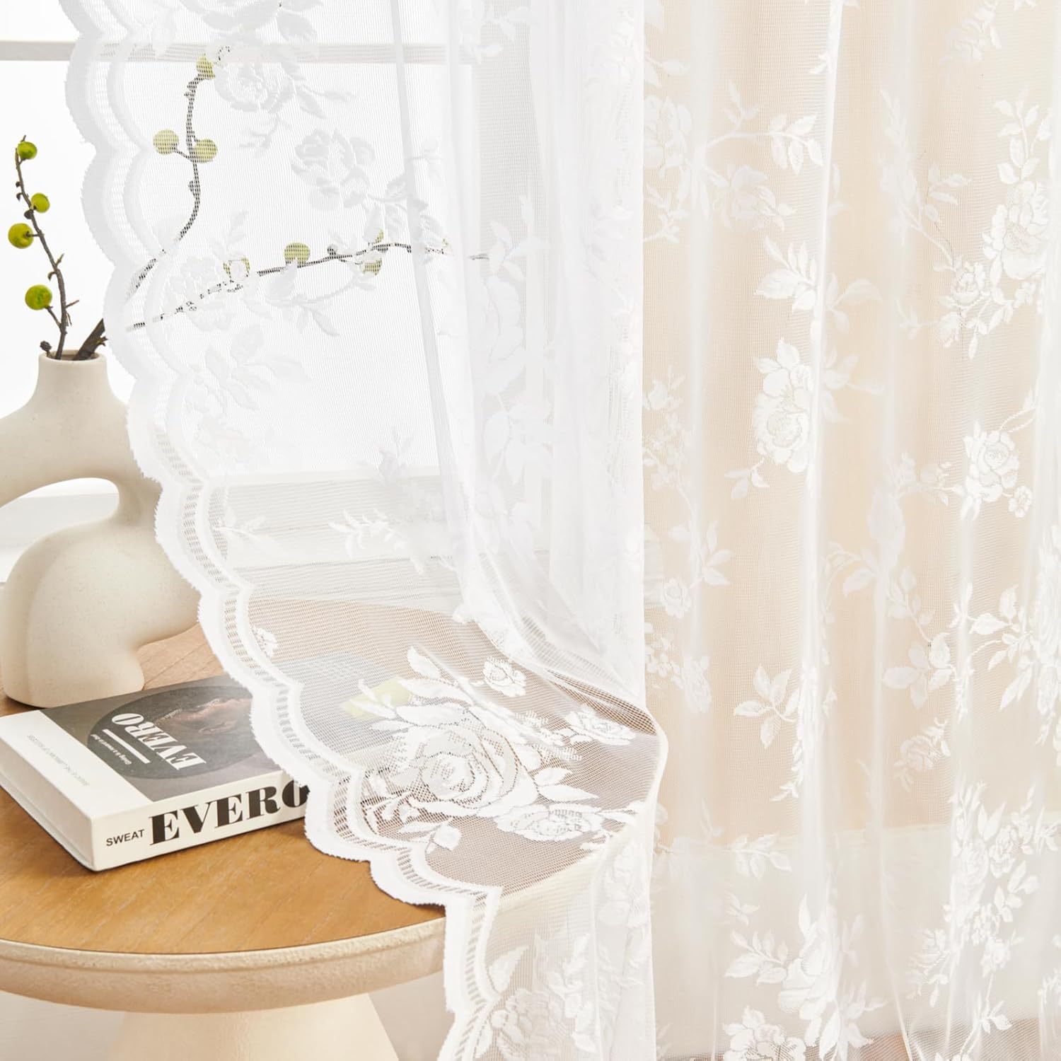 SEEKRIGHT 2 paneles de cortinas traslúcidas de encaje de 72 pulgadas de largo, cortinas florales blancas para sala de estar, dormitorio, bolsillo