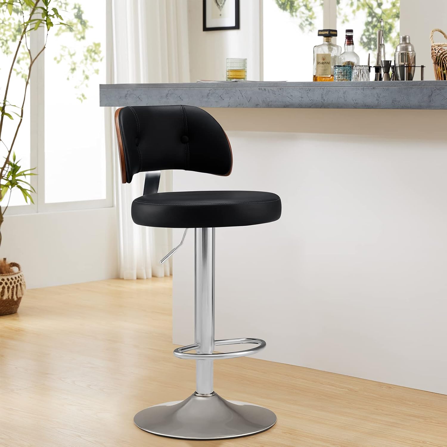 RêveLife Taburete de bar giratorio tapizado de piel sintética, taburete ajustable de altura de mostrador, silla de bar moderna de madera curvada con