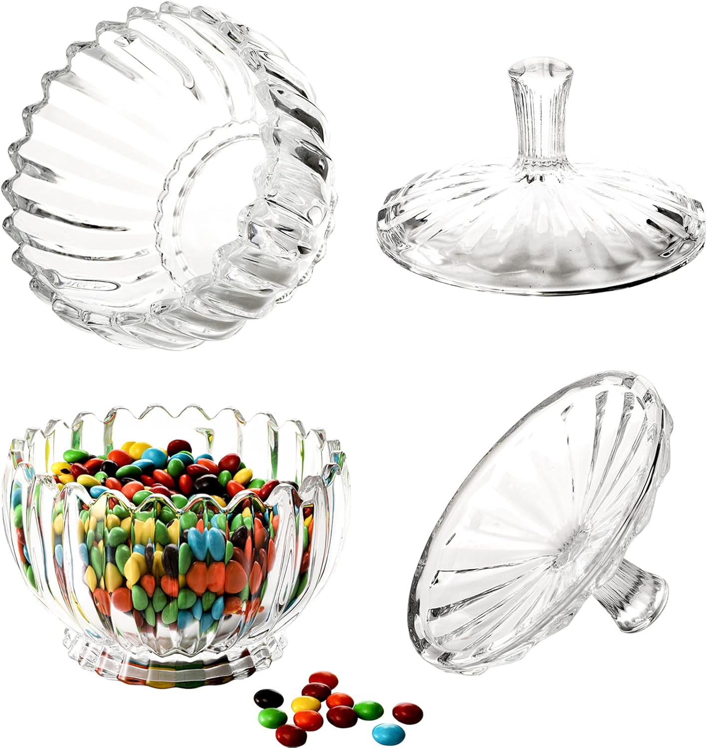 DEAYOU Paquete de 2 platos de cristal para dulces con tapa, recipiente grande para azúcar cubierto de cristal de 34 onzas, recipiente de