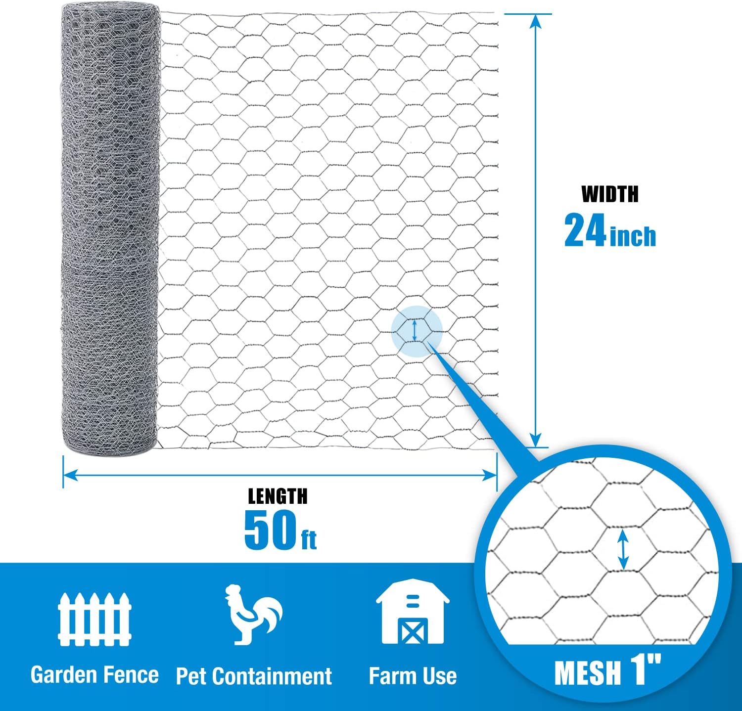 Fencer Wire Valla de red para aves de corral, valla de alambre hexagonal galvanizado de calibre 20, tamaño de apertura de malla de 1 pulgada (2 pies