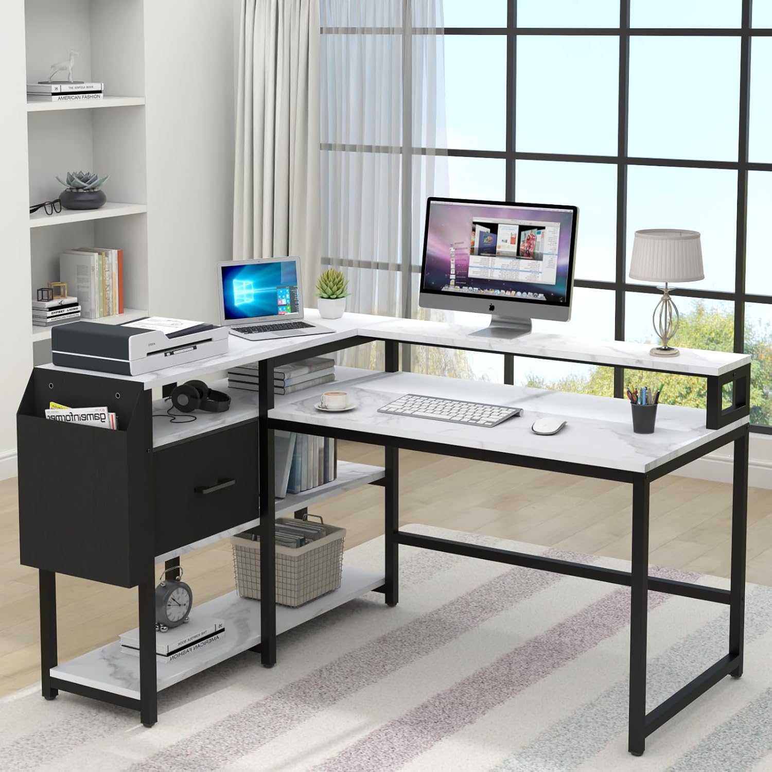 Loomie Escritorio reversible para computadora en forma de L con cajón, escritorio industrial de esquina de 55 pulgadas de ancho x 41 pulgadas de