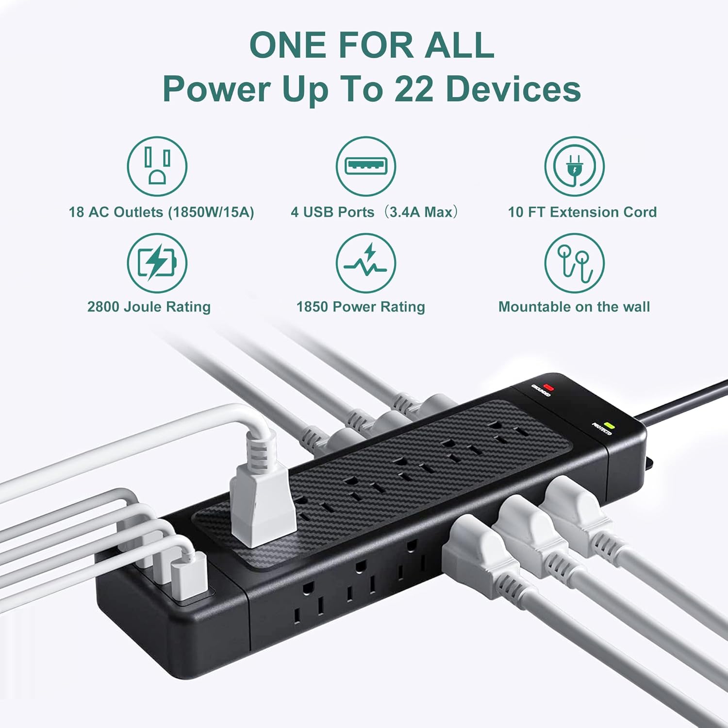 Ultimate – Protector contra sobretensiones, 18 tomas de corriente con puertos USB inteligentes, diseño de montaje en pared, cable de extensión