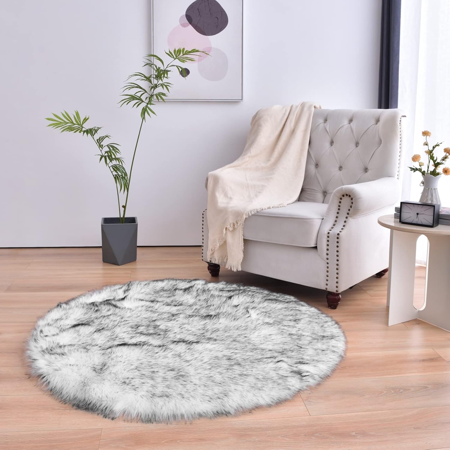 duduta Alfombra redonda de piel de oveja sintética de color negro y blanco de 4 x 4 pies, esponjosa y esponjosa para decoración de cuarto de bebé,