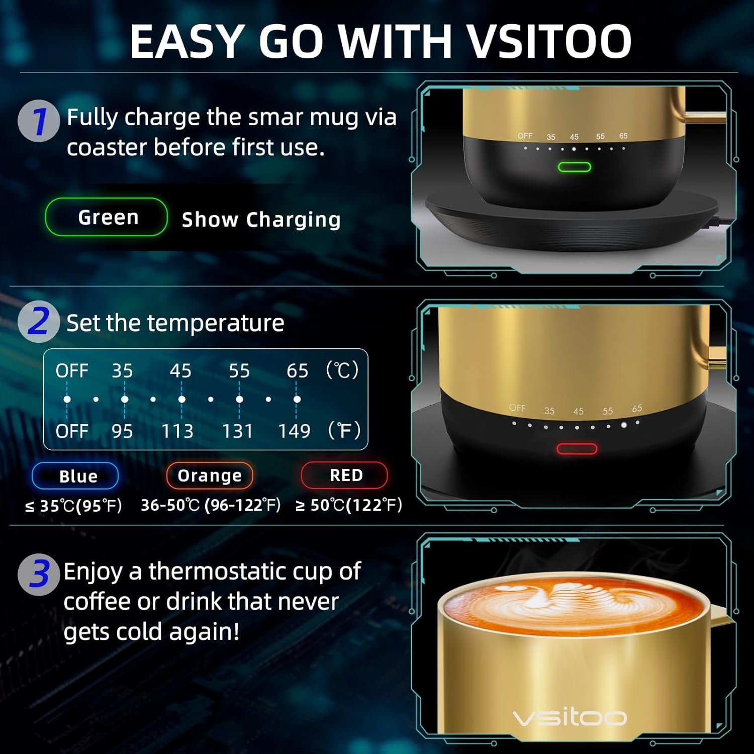 VSITOO S3PRO – Taza de café térmica con control de temperatura, 14 onzas, taza de viaje inteligente con calentador de café controlado manual y por