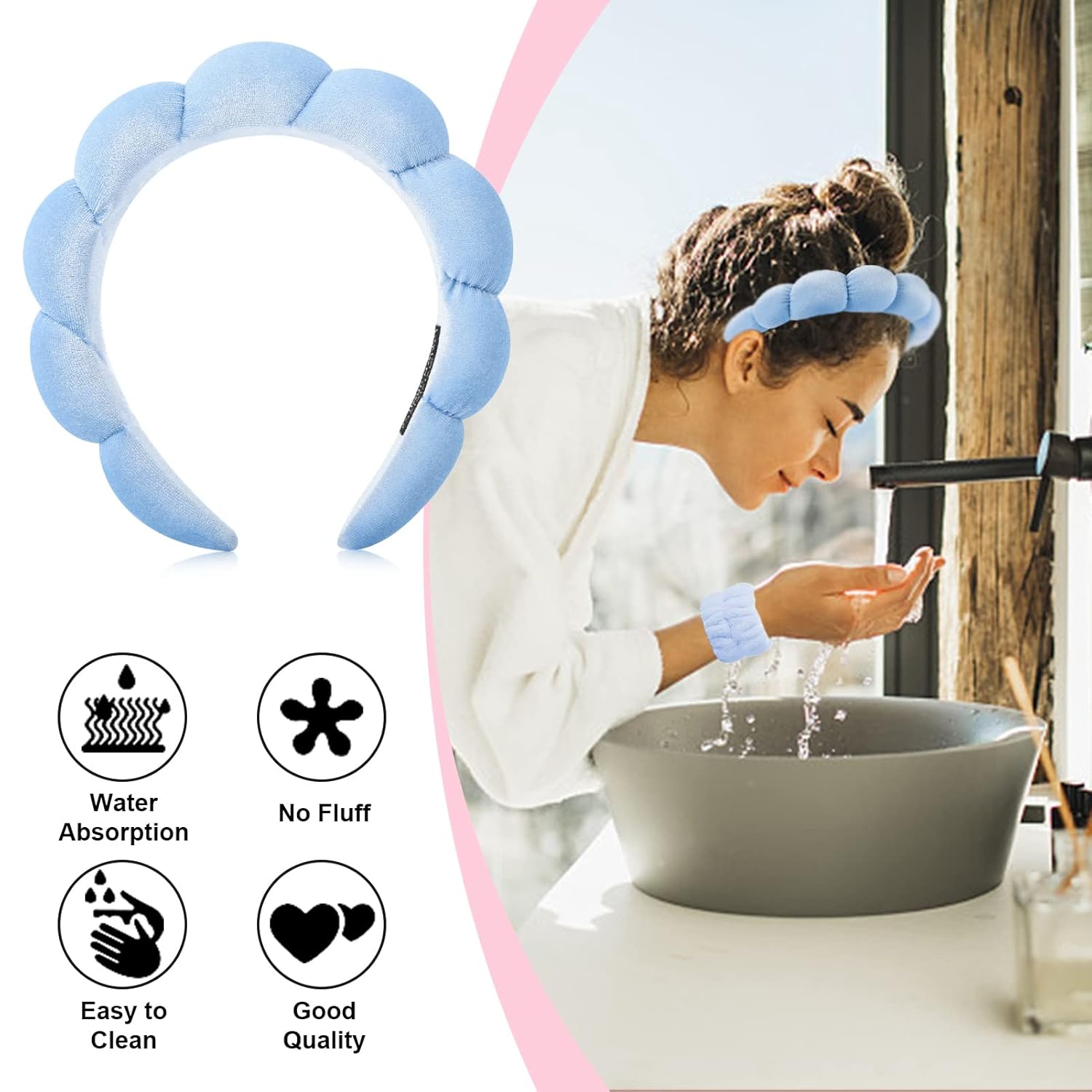 Diadema de esponja para spa, muñequera, bandas elásticas para lavado de cara, banda grande para el cabello de spa, toalla de lavado, muñequeras para