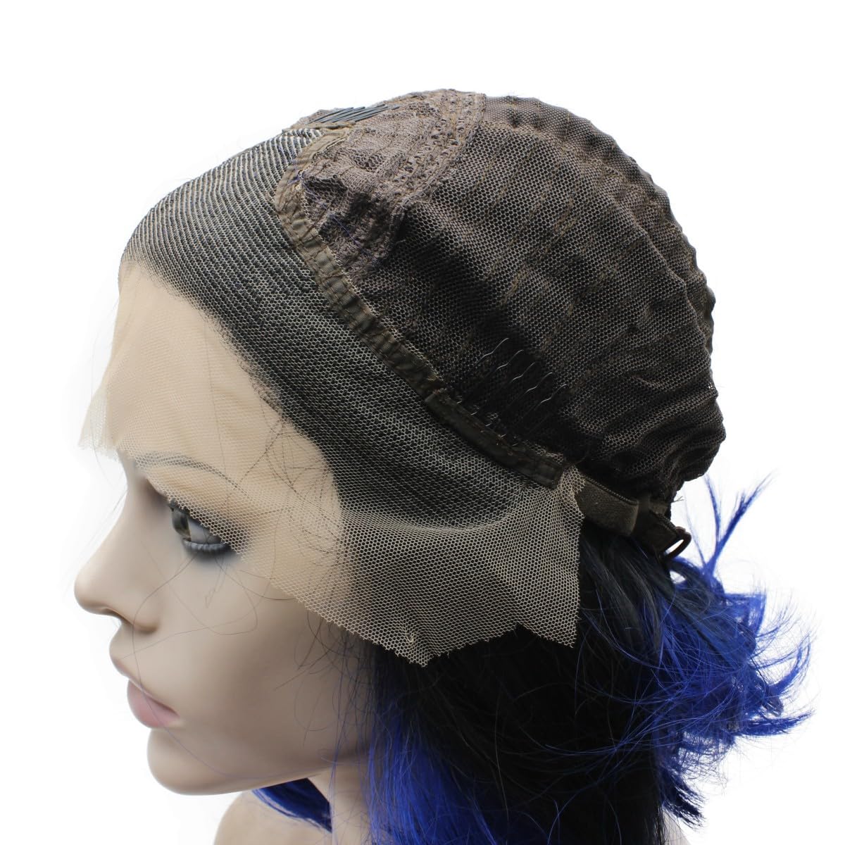 Mxangel – Peluca de cabello sintético corto rizado con raíces negras, encaje frontal, color azul joya ombré, pelo de fibra resistente al calor