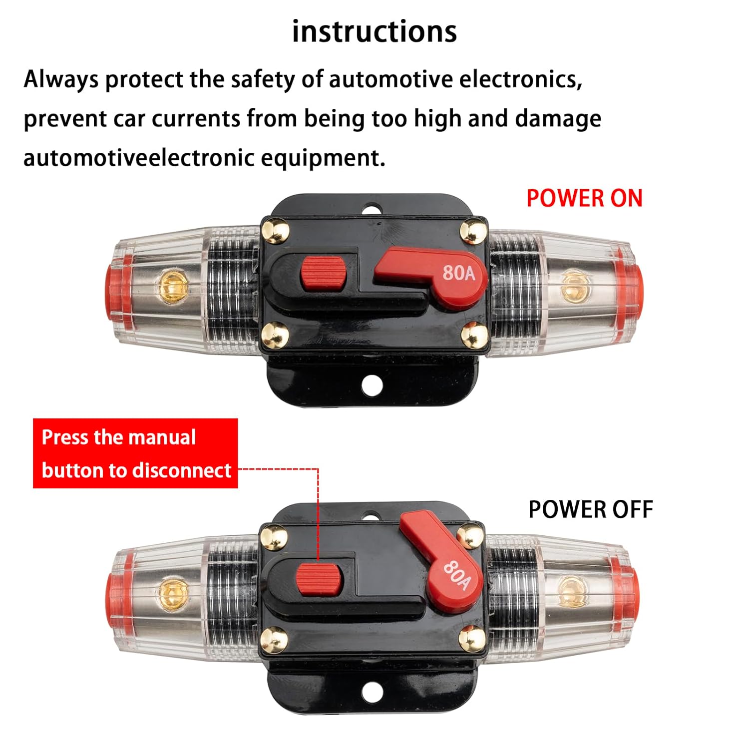 Portafusibles de 80 amperios de 12 V-24 V CC, disyuntor de audio, portafusibles estéreo en línea para automóvil, reinicio manual, para audio de