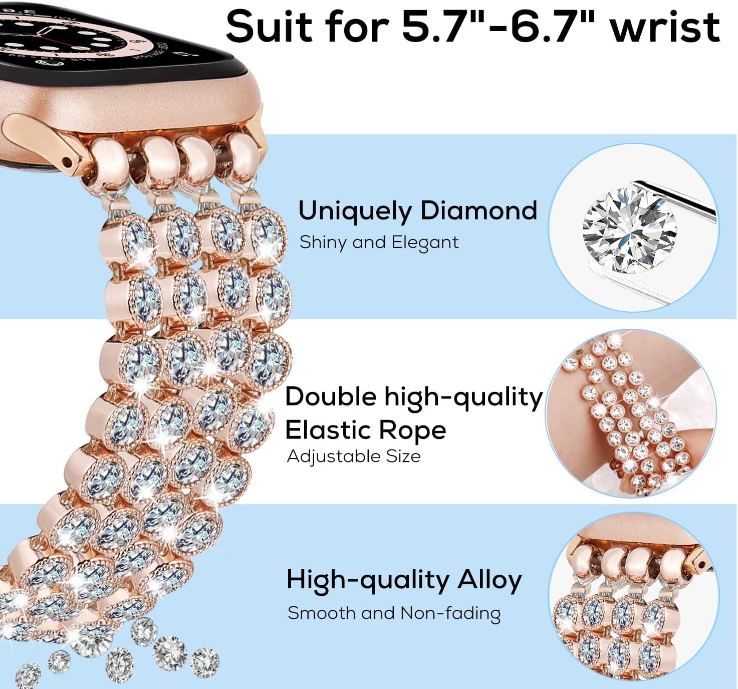 VISOOM Pulsera brillante compatible con Apple Watch Series 8 de oro rosa de 1.575 pulgadas, 1.496 pulgadas, 1.614 pulgadas, Series SE76, correa