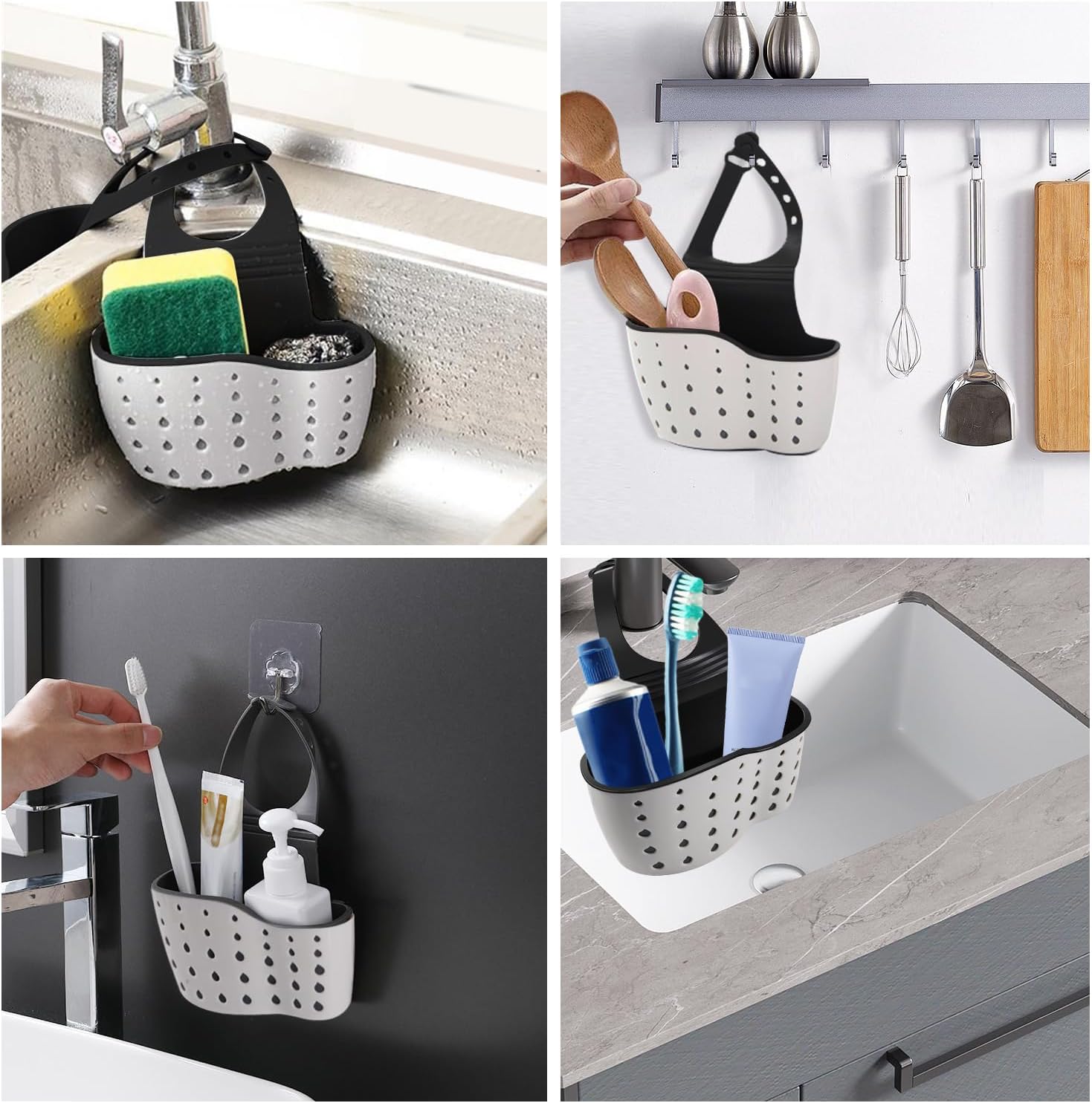 Soporte de esponja para fregadero de cocina, organizador de esponja para platos, correa ajustable, soporte de esponja con agujeros de drenaje para