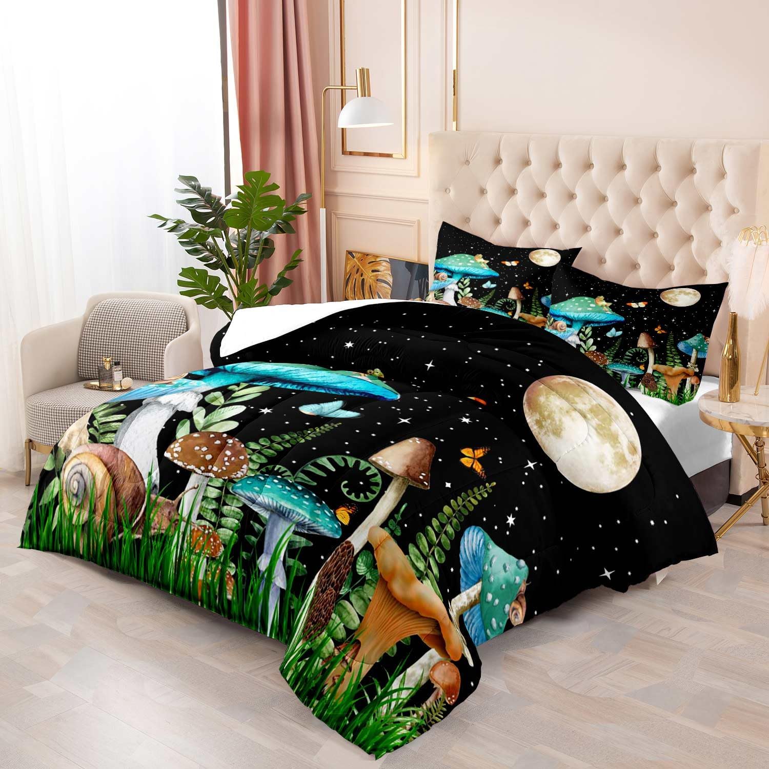 LUVIVIHOME Juego de edredón de 2 piezas, color verde azulado con hongos trippy, tamaño individual, ropa de cama para niños y niñas, plantas