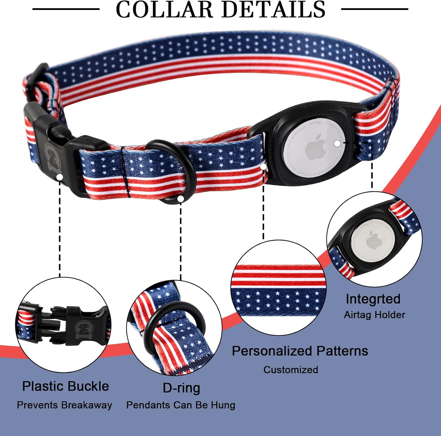 MR.CHUBBYFACE Airtag – Collar de perro para el 4 de julio con soporte para Airtag de Apple para perros pequeños, medianos y grandes