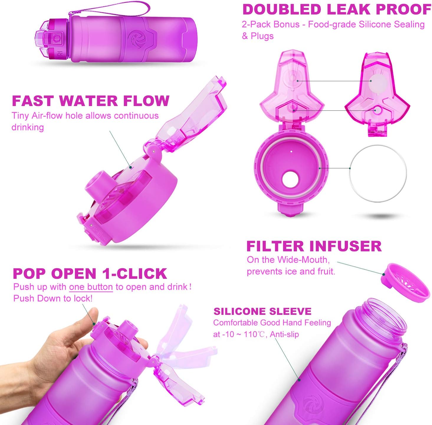 Botella de agua deportiva Zorri, 13.5, 17, 23.6 onzas, sin BPA, a prueba de fugas, ligera, para exteriores, campamento, ciclismo, fitness, gimnasio,