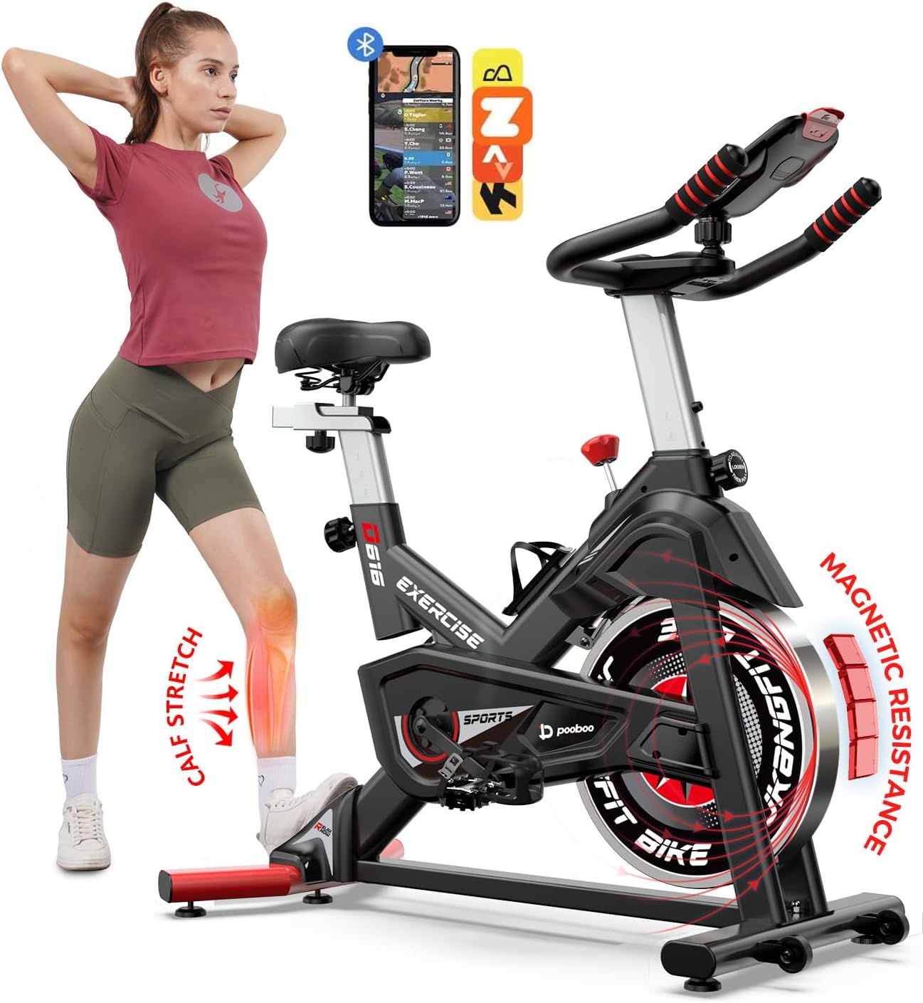 Pooboo Bicicleta estática magnética, bicicleta de ciclismo para interiores con sensor Bluetooth integrado, compatible con aplicaciones de bicicleta