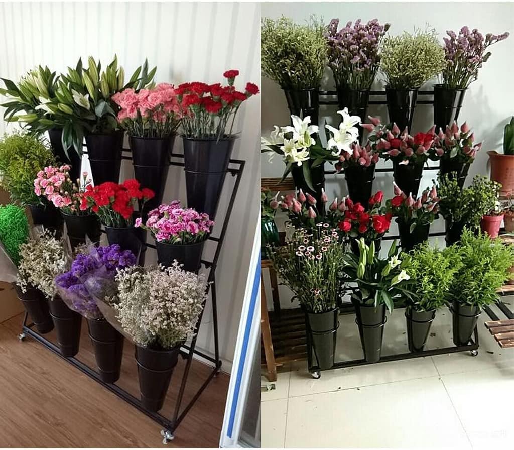 Soporte de exhibición de flores, estante móvil para carrito de plantas con ruedas, con cubos de plástico, fácil de instalar, soporte escalonado para